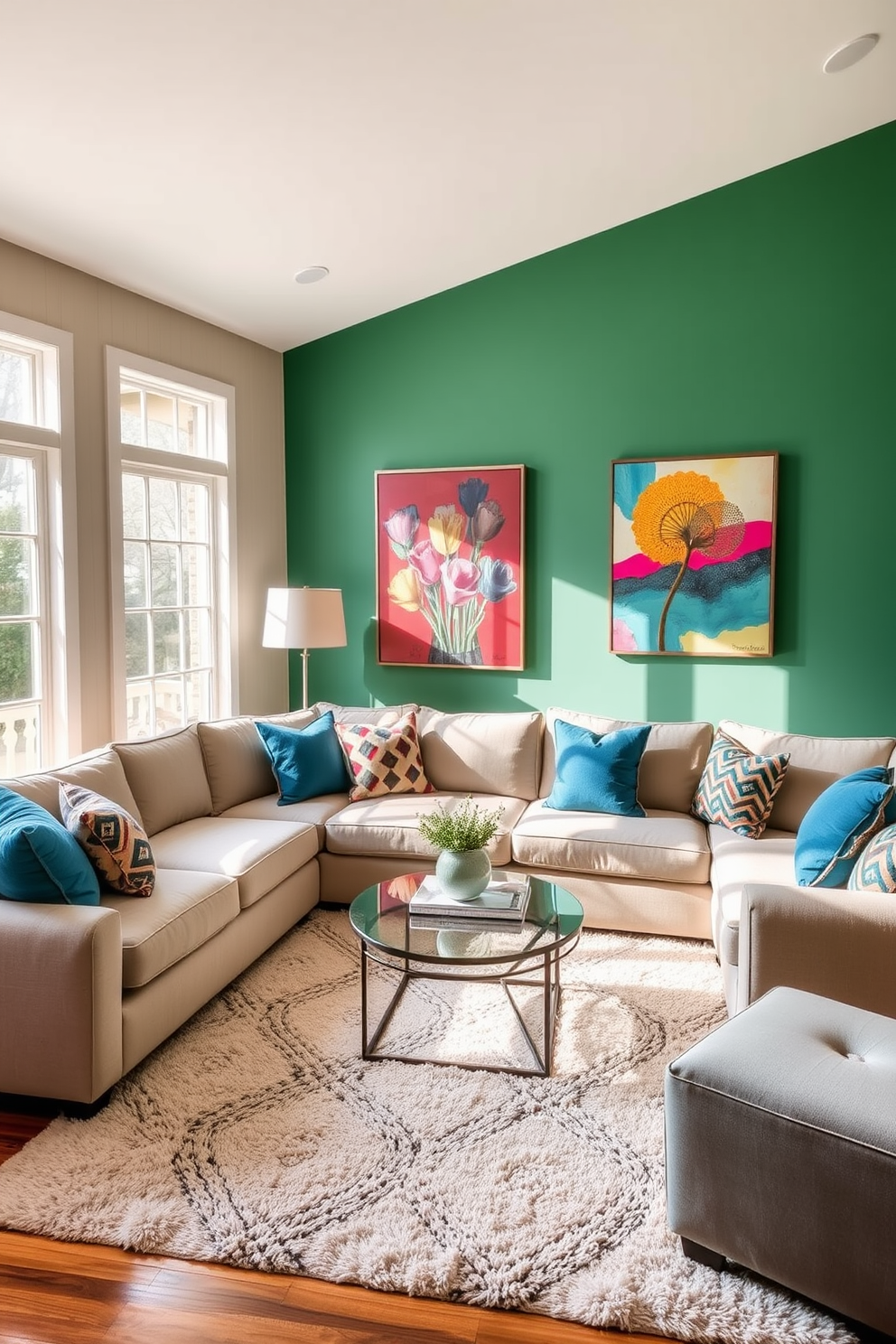 A cozy family room featuring an emerald green accent wall adorned with vibrant artwork that adds character and depth. The room is furnished with a plush sectional sofa in neutral tones, complemented by colorful throw pillows that enhance the overall aesthetic. Natural light floods the space through large windows, illuminating a stylish coffee table placed at the center. A soft area rug anchors the seating arrangement, creating a warm and inviting atmosphere for family gatherings.