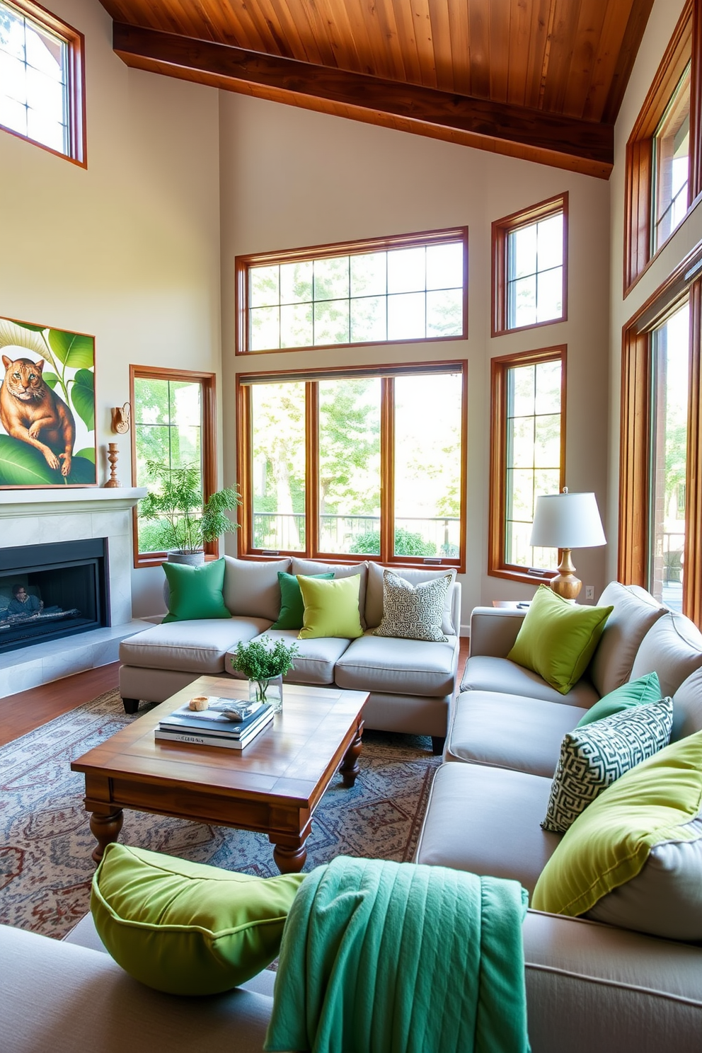 A cozy family room featuring a neutral-colored sofa adorned with bold green cushions. The space is enhanced by large windows allowing natural light to flood in, complemented by a warm wooden coffee table in the center.