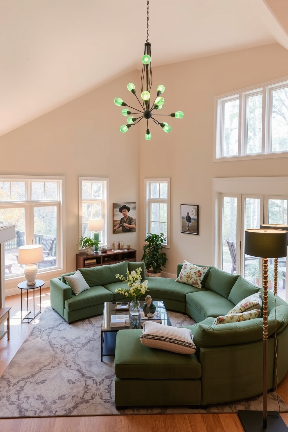 A cozy family room filled with natural light. The walls are painted in a soft beige, complemented by a plush green sectional sofa and a large area rug with subtle patterns. Incorporate green lighting fixtures that add a unique flair to the space. A modern chandelier with green accents hangs above the coffee table, while stylish floor lamps provide warm illumination in the corners.