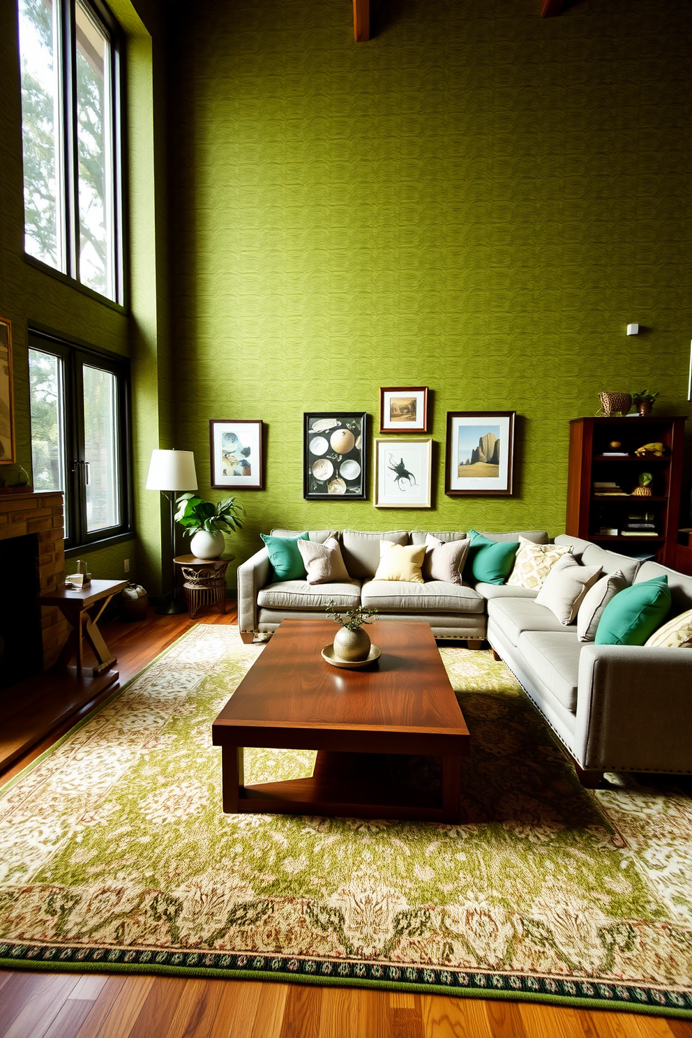 A cozy family room featuring textured green wallpaper that adds depth and warmth to the space. The room includes a plush sectional sofa adorned with soft throw pillows and a large area rug that ties the color scheme together. Natural light filters in through large windows, highlighting the rich tones of the wooden coffee table at the center. A collection of framed artwork in complementary colors adorns the walls, creating an inviting atmosphere perfect for family gatherings.