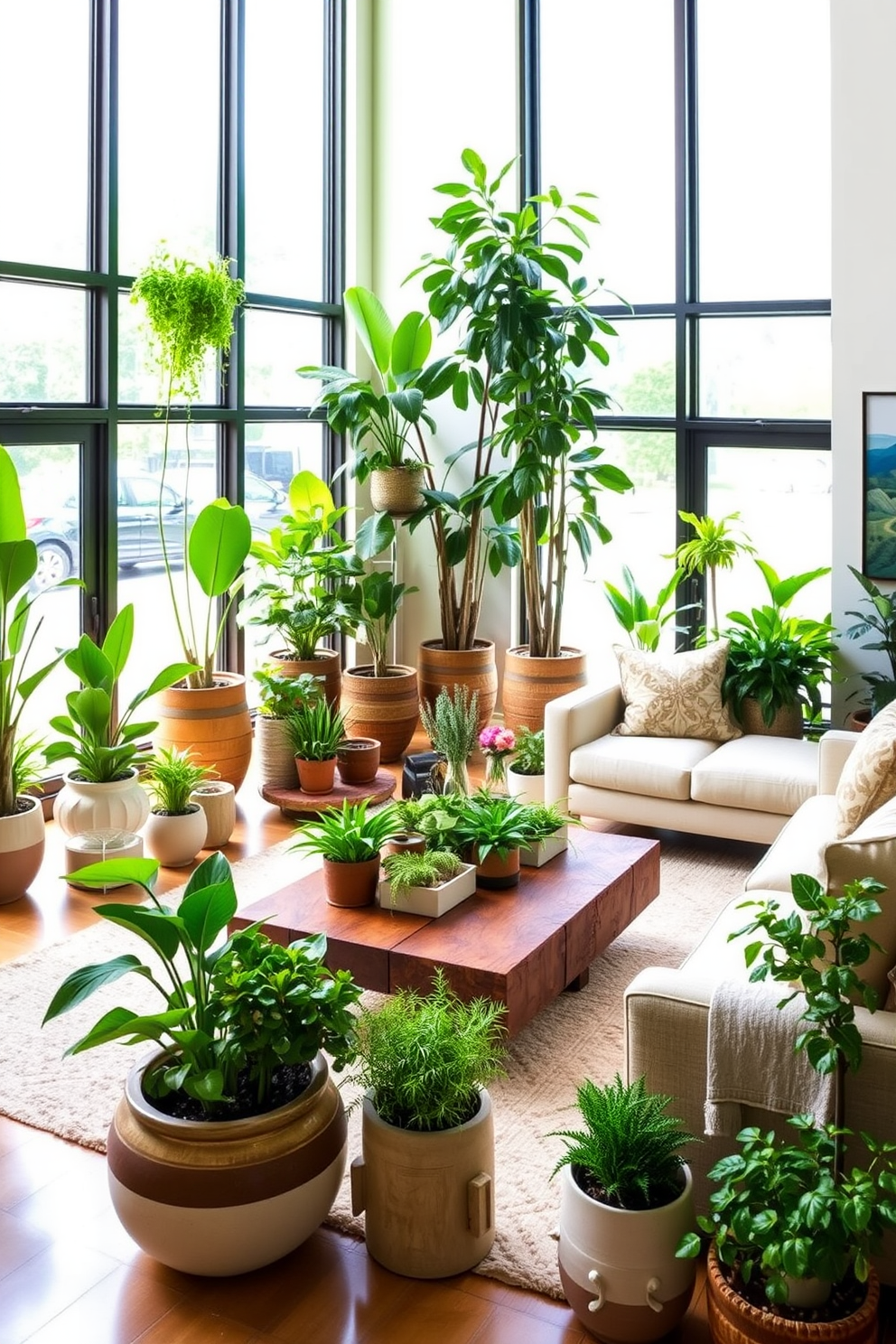 A vibrant family room filled with lush greenery in stylish planters. The room features large windows that allow natural light to flood in, highlighting the various plants arranged in modern ceramic pots. Comfortable seating is arranged around a central coffee table made of reclaimed wood. A soft area rug anchors the space, while artwork depicting nature adorns the walls, creating a harmonious and inviting atmosphere.