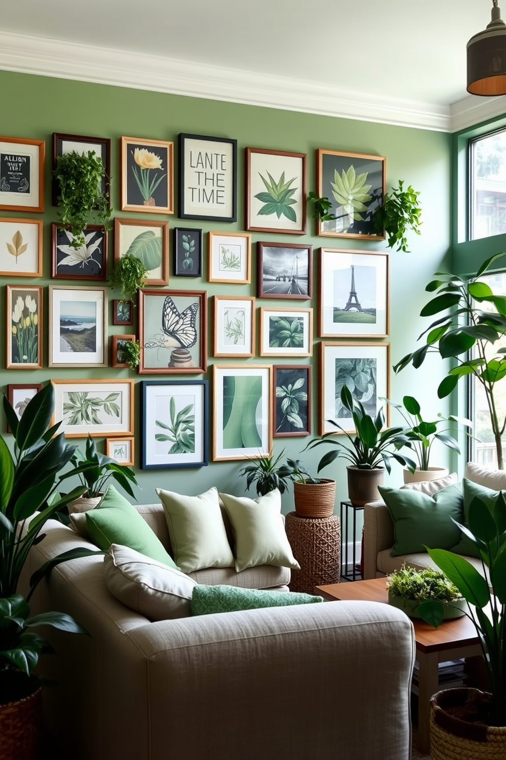 A green-themed gallery wall featuring an eclectic mix of framed art pieces and photographs. The wall is adorned with various shades of green, complemented by natural wood frames and decorative plants. A cozy family room designed around a green color palette with plush sofas and soft throw pillows. Large windows allow natural light to fill the space, highlighting the lush indoor plants and vibrant artwork.