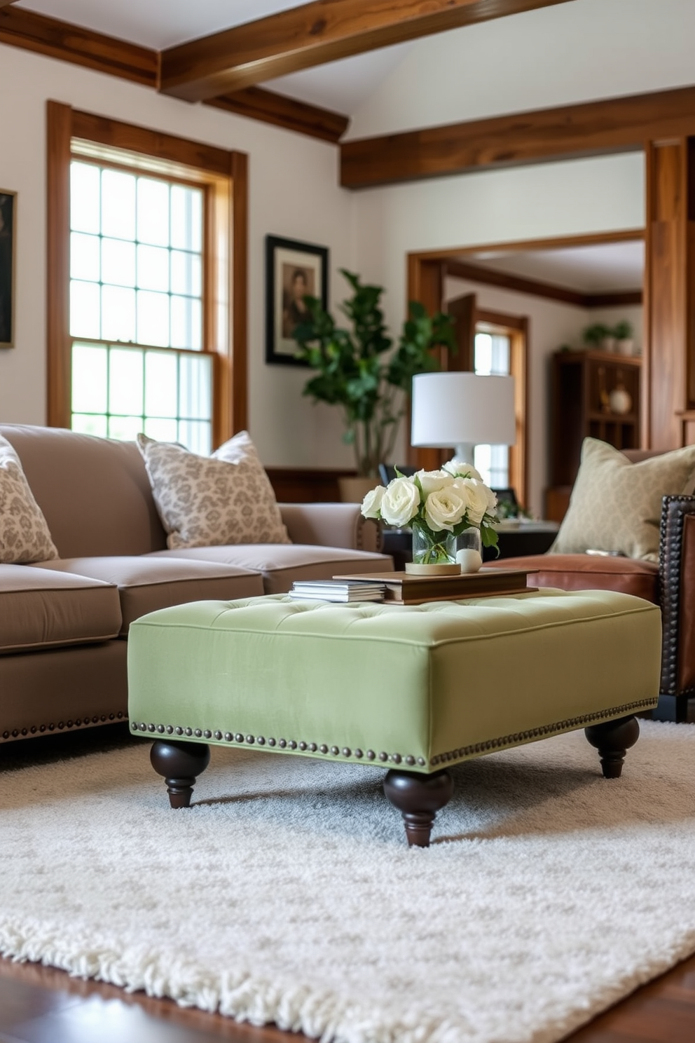 A soft green ottoman is placed in a cozy family room to provide additional seating. The room features warm wood accents and plush textiles, creating an inviting atmosphere perfect for relaxation and family gatherings.