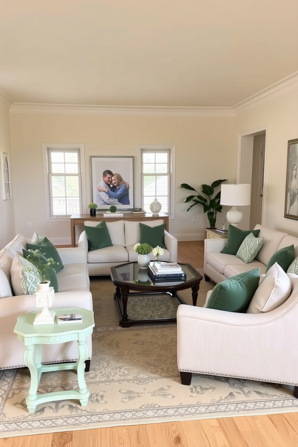 A serene family room featuring pastel green side tables that add a touch of subtle elegance to the space. The walls are painted in a soft cream color, complementing the light wood flooring and creating a warm and inviting atmosphere. Cozy seating arrangements with plush sofas in neutral tones surround a stylish coffee table. Decorative cushions in various shades of green enhance the comfort and style, while a large area rug anchors the seating area.