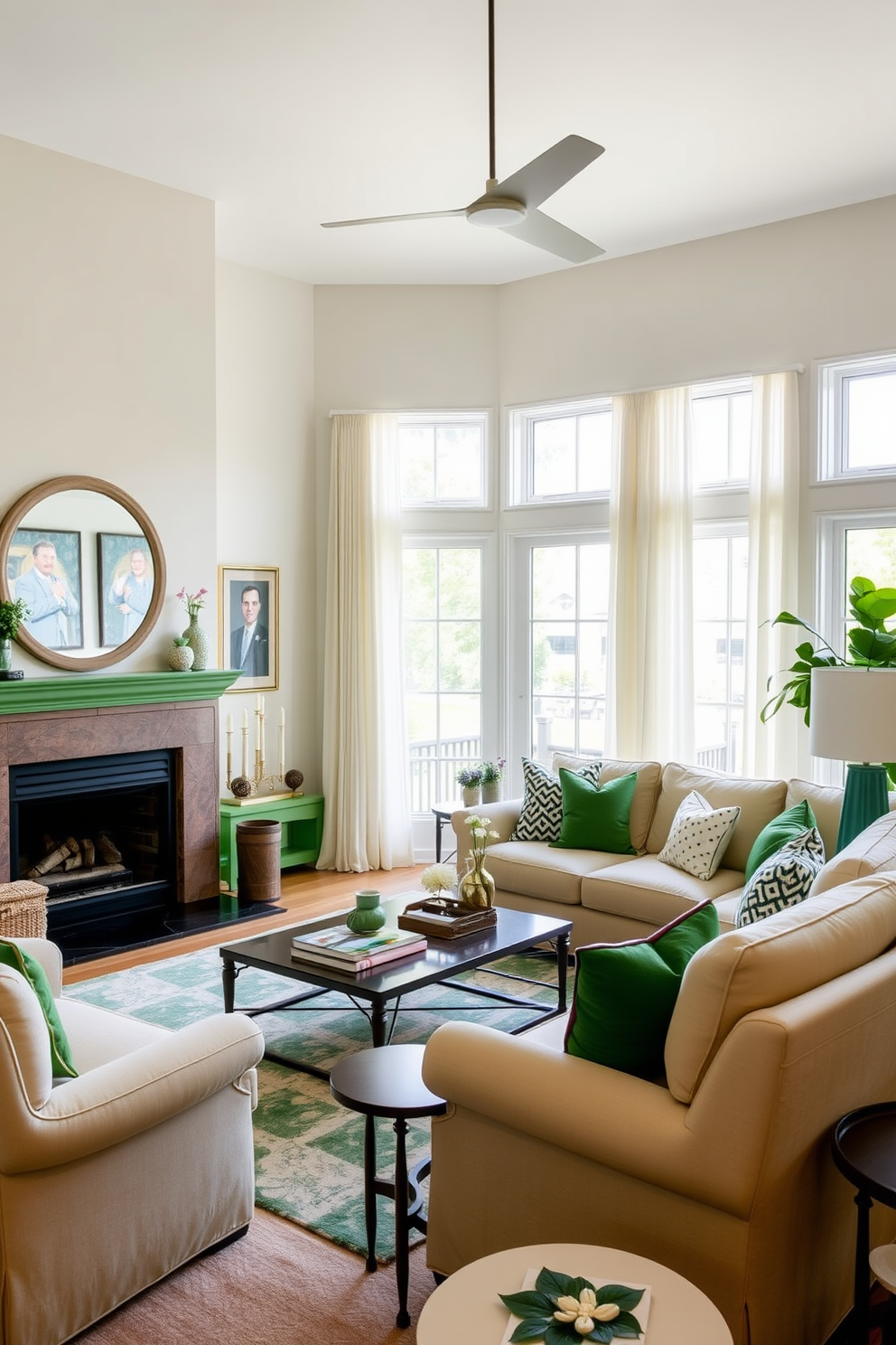 A cozy family room featuring a green fireplace surround that adds warmth and character to the space. The room is filled with comfortable seating, including a plush sectional sofa and oversized armchairs, all arranged to encourage conversation and relaxation. Natural light floods the room through large windows adorned with soft, flowing curtains. The walls are painted in a light neutral tone, creating a perfect backdrop for vibrant green accents in the decor and furnishings.