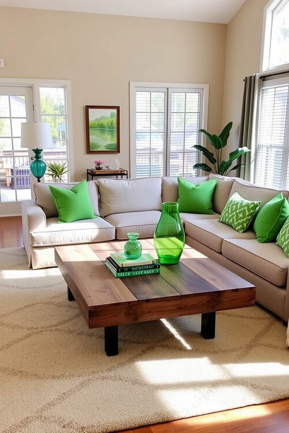 Bright green accessories add playful accents to a family room filled with natural light. The space features a comfortable sectional sofa in neutral tones, complemented by vibrant green throw pillows and a large area rug with geometric patterns. A coffee table made of reclaimed wood sits at the center, adorned with a few decorative books and a striking green vase. The walls are painted in a soft beige, creating a warm backdrop for the lively green accents throughout the room.