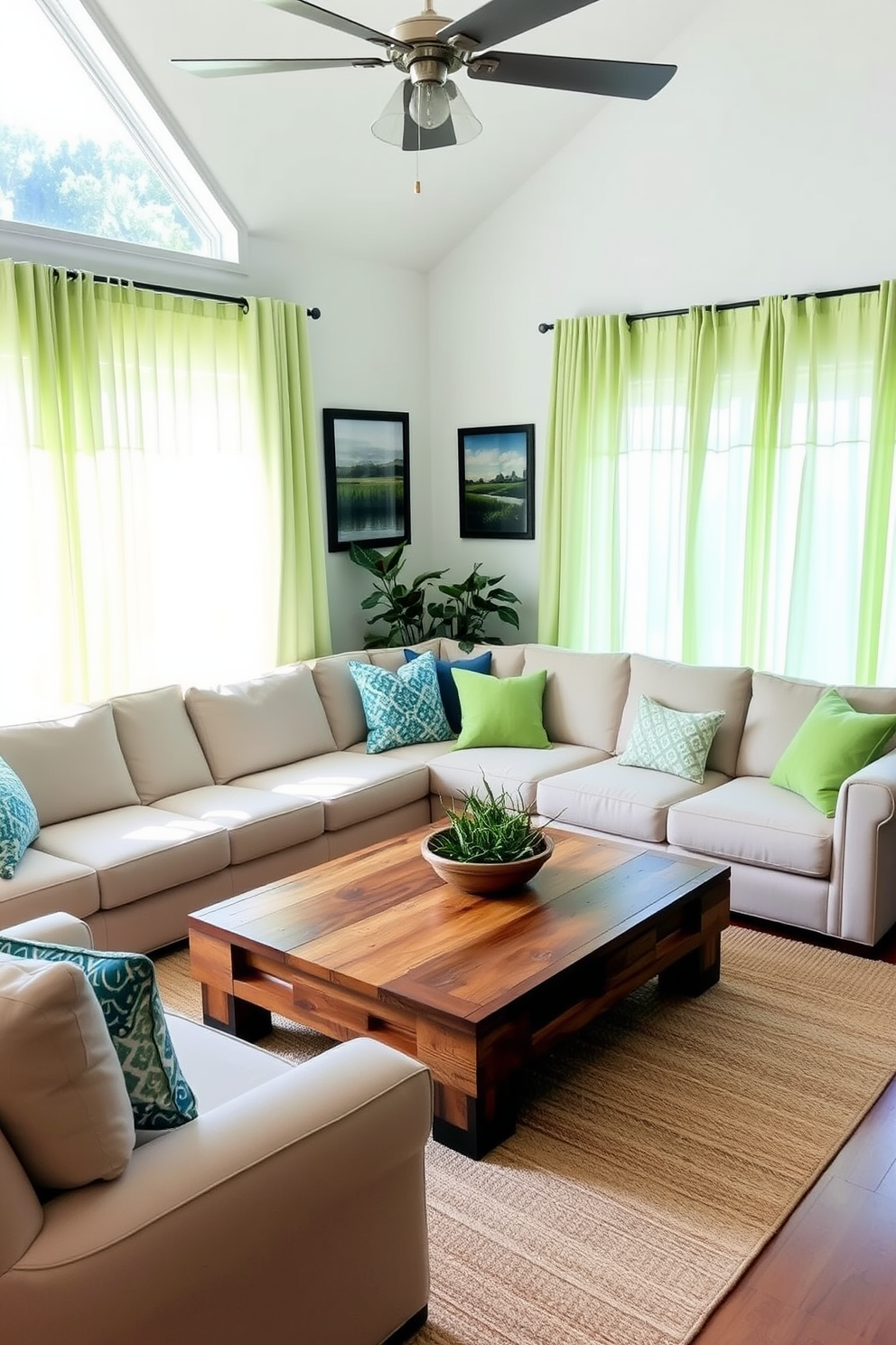 A bright and inviting family room with light green curtains that allow natural light to filter in, creating an airy atmosphere. The space features a plush sectional sofa in neutral tones, complemented by vibrant green and blue accent pillows that add a pop of color. A large coffee table made of reclaimed wood sits at the center, surrounded by a cozy area rug that ties the room together. On the walls, framed artwork depicting nature scenes enhances the calming vibe of the room, while a few indoor plants bring a touch of greenery indoors.