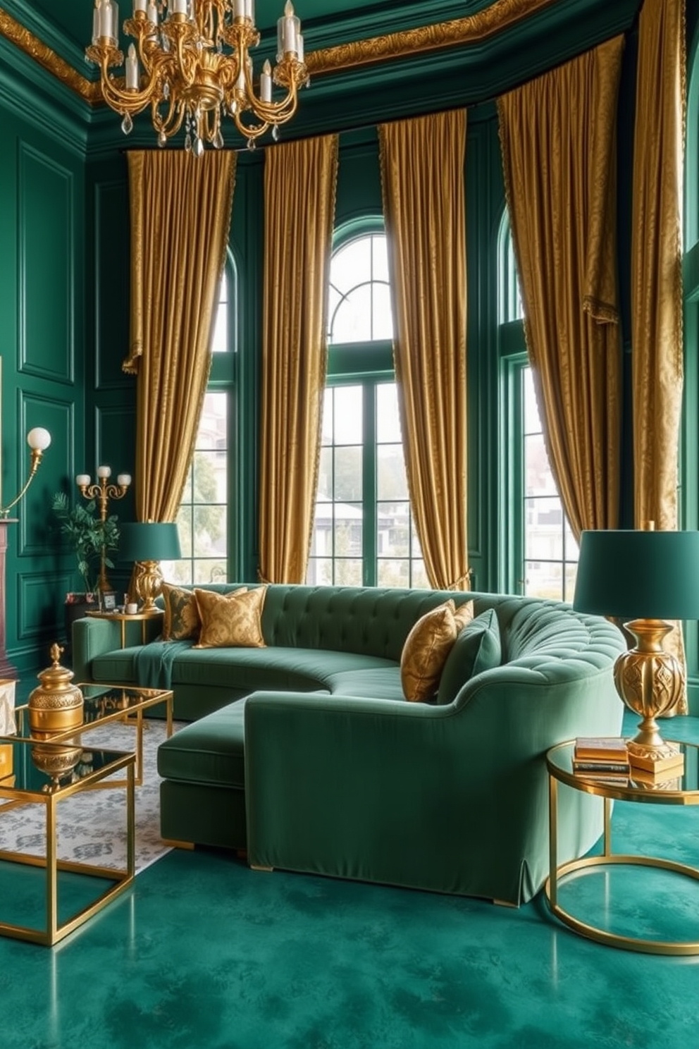 A luxurious family room adorned with rich green and gold decor elements. The walls are painted in a deep emerald hue, complemented by plush gold accents in the furnishings and decor. A large velvet sofa in a soft green shade is the focal point, paired with gold-framed side tables. Elegant drapes in a shimmering gold fabric frame the windows, allowing natural light to filter through beautifully.