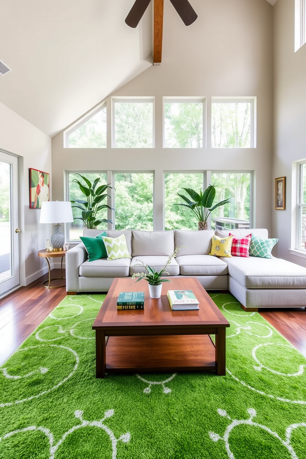 A vibrant green area rug anchors the space, adding a pop of color to the family room. The room features a cozy sectional sofa in neutral tones, complemented by colorful accent pillows that tie in the green hues. Large windows allow natural light to flood the room, enhancing the inviting atmosphere. A wooden coffee table sits at the center, adorned with a few decorative books and a small potted plant for a touch of greenery.