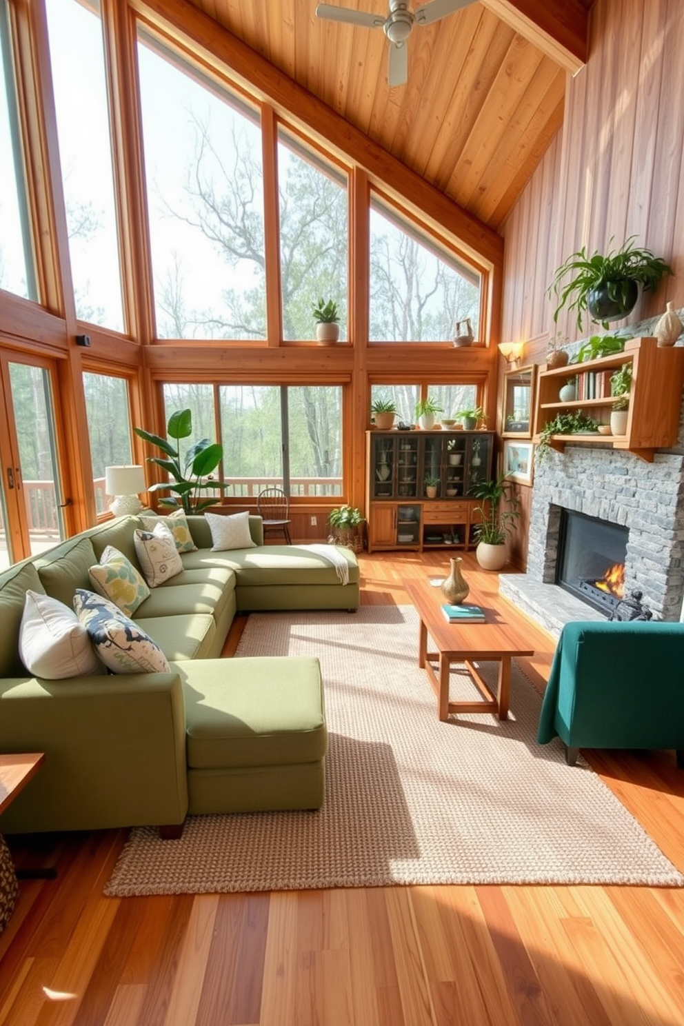 A cozy family room featuring natural wood accents harmoniously combined with green decor elements. The space includes a large sectional sofa in a soft green fabric, complemented by wooden coffee tables and shelves adorned with potted plants. Large windows allow ample natural light to flood the room, highlighting the warm wood tones of the flooring and beams. A textured area rug in earthy tones anchors the seating area, creating a welcoming atmosphere for family gatherings.