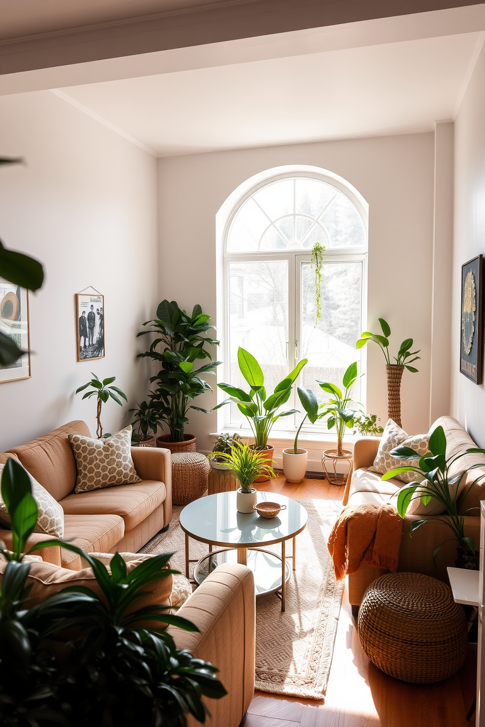 A cozy family room filled with natural light. Plush seating surrounds a coffee table, and various indoor plants are strategically placed to bring a fresh green touch to the space. The walls are painted in a soft neutral tone to enhance the vibrant greenery. A large window allows sunlight to filter in, creating a warm and inviting atmosphere.