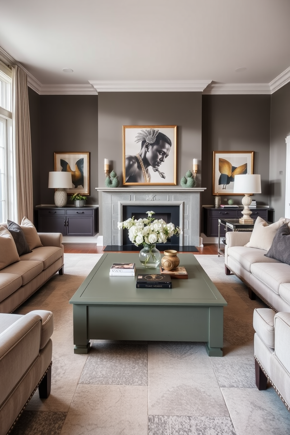 A muted green coffee table serves as the centerpiece of an elegant family room. Surrounding the table are plush sofas in neutral tones, complemented by soft throw pillows that add a touch of warmth. The walls are adorned with tasteful artwork that enhances the room's sophistication. Natural light floods in through large windows, creating a bright and inviting atmosphere.