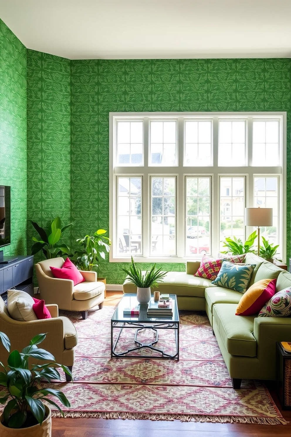 A vibrant green family room featuring bold patterned wallpaper that creates a striking focal point. The space is filled with plush seating, including a large sectional sofa adorned with colorful throw pillows and a stylish coffee table at the center. Natural light floods the room through large windows, highlighting the interplay of textures and colors. A cozy area rug anchors the seating arrangement, while indoor plants add a touch of freshness to the design.