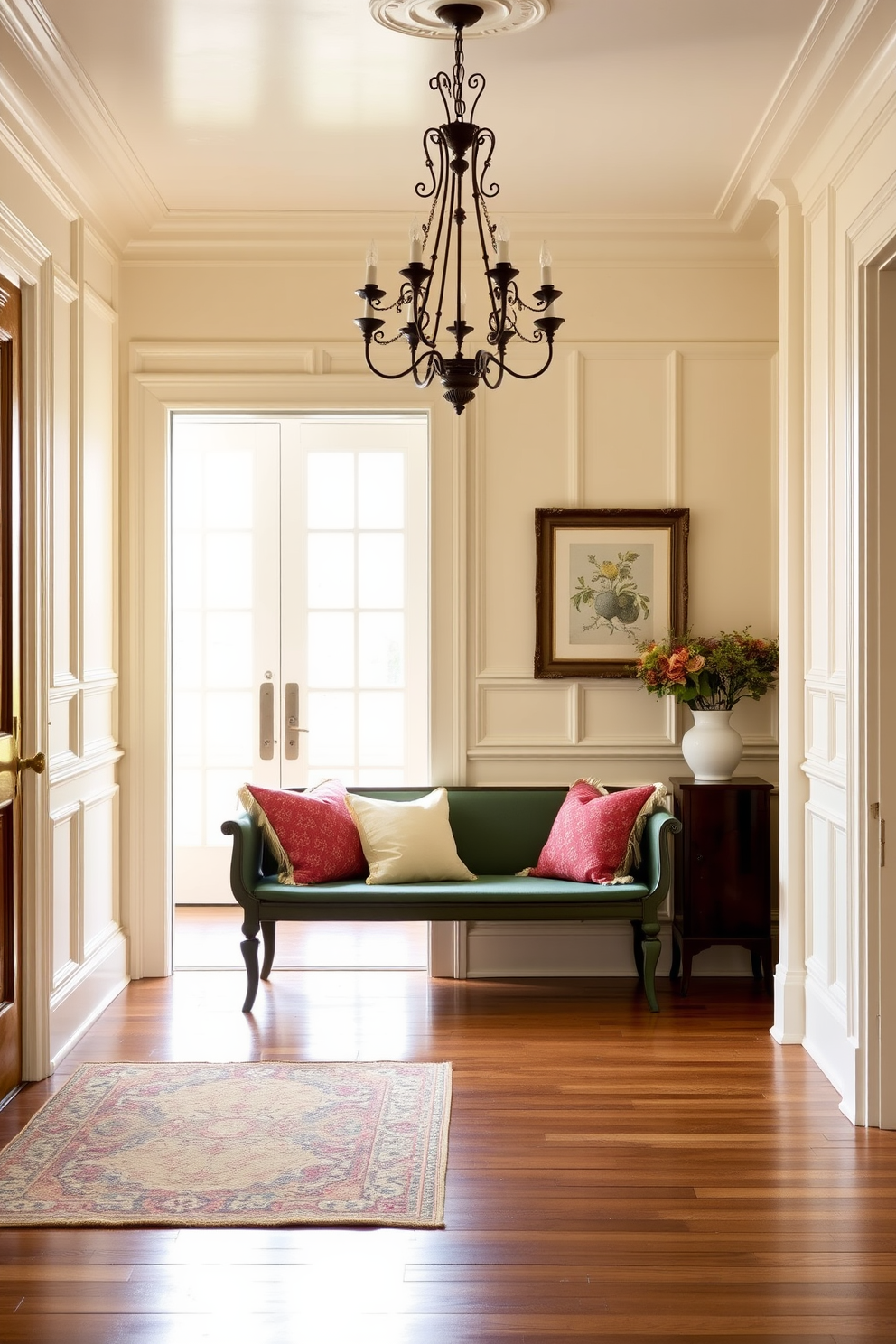 A vintage green bench is placed against the wall in a spacious foyer, inviting guests to sit and relax. The bench is adorned with plush cushions in complementary colors, enhancing its charm and comfort. The foyer features elegant wall paneling painted in a soft cream hue, creating a warm and welcoming atmosphere. A stylish chandelier hangs from the ceiling, casting a gentle glow over the space and highlighting the vintage decor elements.