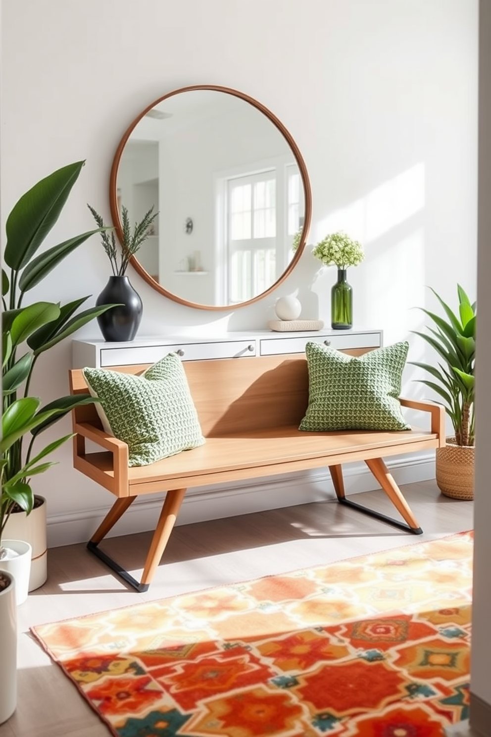 Textured green throw pillows adorn a sleek wooden bench positioned in a bright foyer. The walls are painted a soft white, complemented by a stylish console table and a large round mirror above it, reflecting natural light. A vibrant area rug with geometric patterns anchors the space, adding warmth and depth. Potted plants in the corners bring a touch of nature indoors, enhancing the welcoming atmosphere of the foyer.