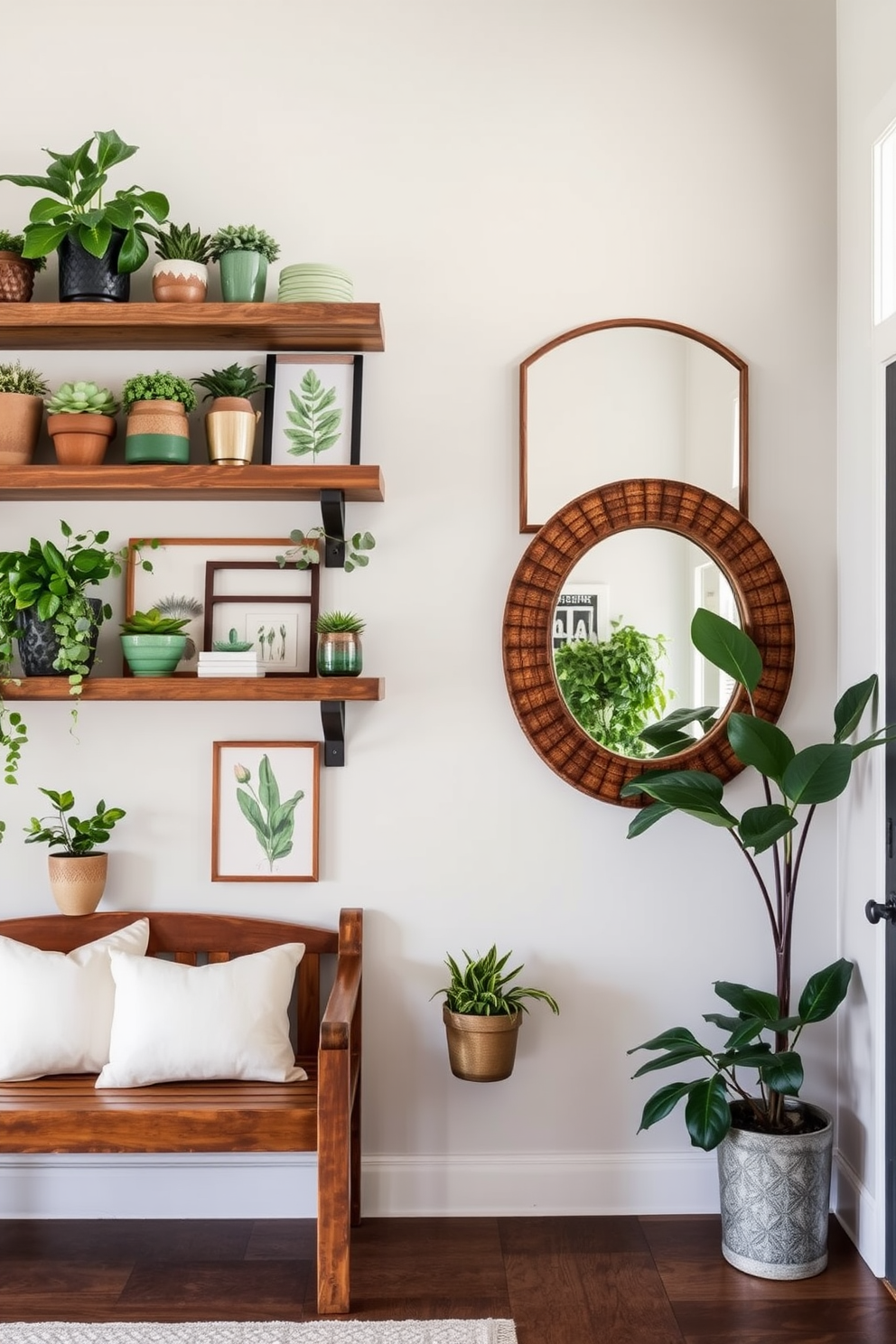 Rustic wood shelves adorned with a variety of green decor items create a warm and inviting atmosphere. The shelves are filled with potted plants, botanical prints, and handcrafted ceramics that enhance the natural aesthetic. The foyer features a blend of rustic charm and modern elegance. A wooden bench with plush cushions sits against the wall, complemented by a statement mirror that reflects the greenery and light in the space.