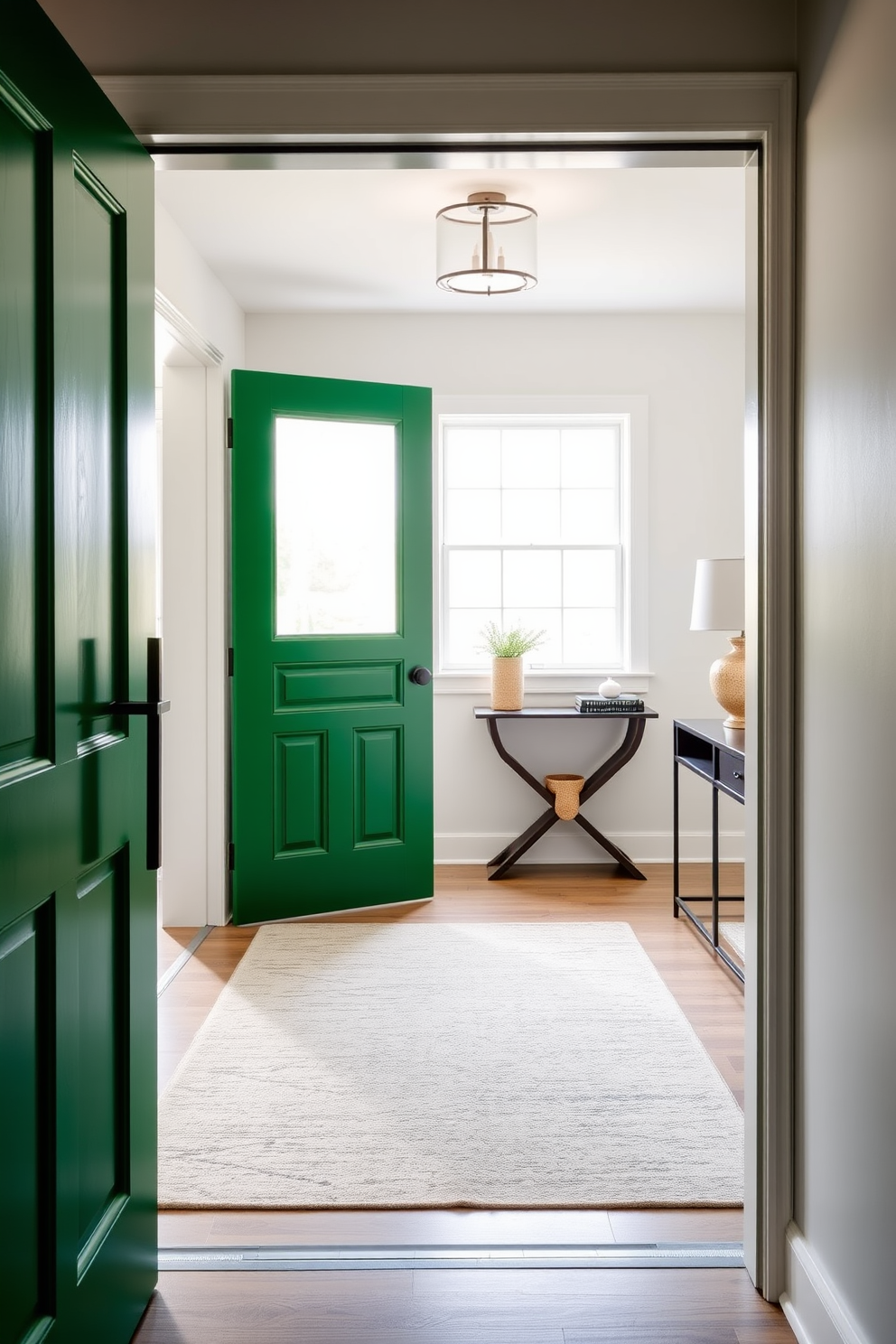 A striking green door with sleek black hardware opens into a welcoming foyer. The space is adorned with a stylish console table and a large round mirror that reflects natural light streaming in through a nearby window. The walls are painted in a soft neutral tone to enhance the vibrancy of the green door. A plush area rug in muted colors anchors the space, while a few carefully chosen decorative elements add personality and warmth.