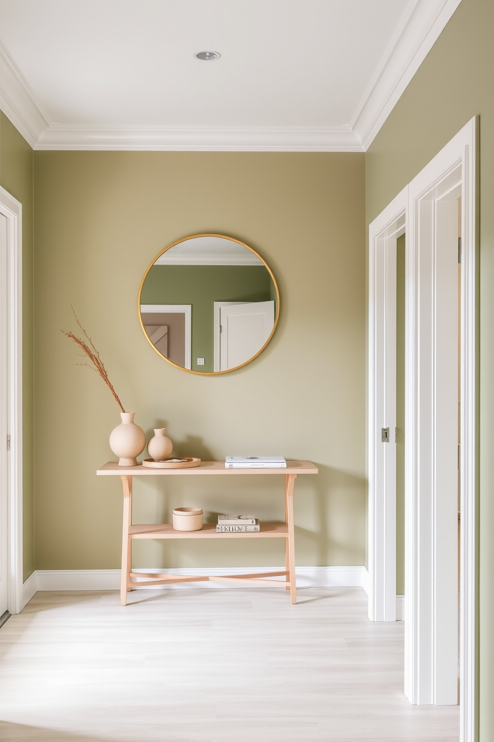 A serene foyer featuring a layered green and beige color scheme. The walls are painted in a soft sage green, complemented by a rich beige accent wall that adds warmth and depth. A stylish console table in a light wood finish sits against the wall, adorned with decorative items in neutral tones. A large round mirror with a thin gold frame hangs above the table, reflecting natural light and enhancing the space.