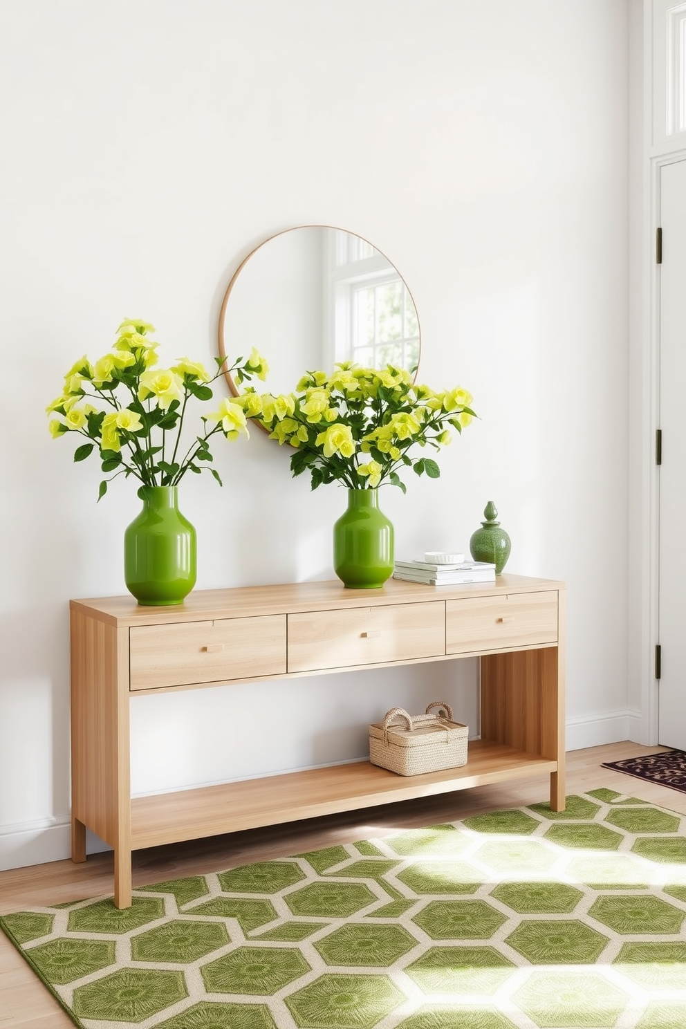 A bright and inviting foyer features a sleek console table made of light wood against a soft white wall. On the table, green ceramic vases filled with fresh flowers add a vibrant touch, complemented by a stylish mirror above. The floor is adorned with a geometric patterned rug in shades of green and beige, enhancing the overall aesthetic. Natural light floods in through a large window, illuminating the space and highlighting the lush greenery of the flowers.