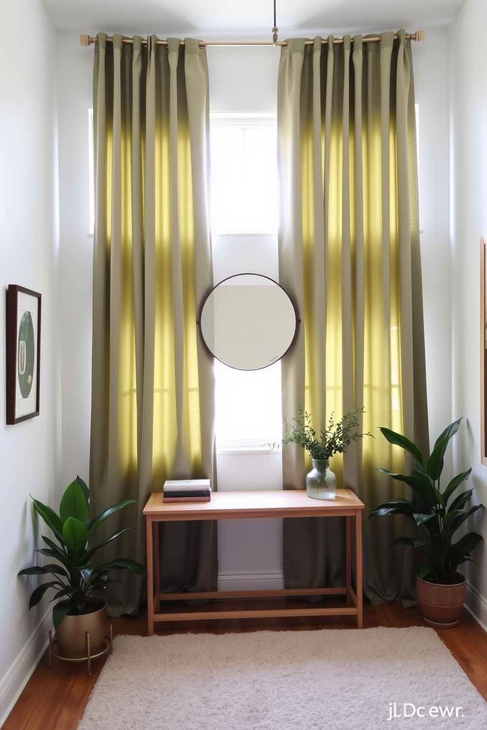 Muted green curtains gently frame the windows, allowing soft light to filter into the space. The foyer features a sleek console table made of light wood, accented by a round mirror above it that reflects the natural light. A plush area rug in neutral tones anchors the space, adding warmth and comfort underfoot. Potted plants in the corners bring a touch of nature indoors, enhancing the inviting atmosphere of the foyer.