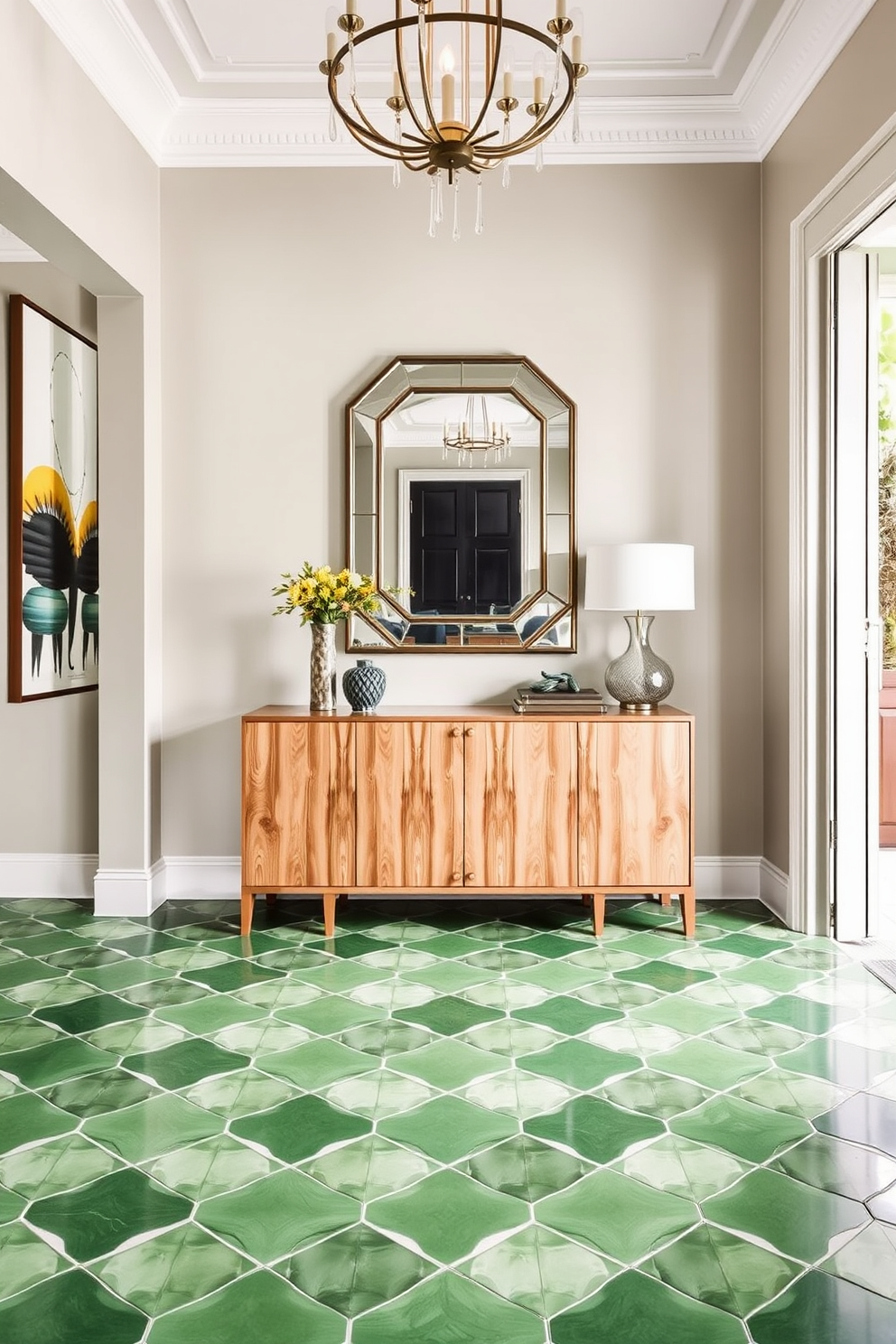 A stunning foyer featuring geometric green tiles as the flooring, creating a vibrant and modern atmosphere. The walls are adorned with elegant artwork that complements the tile design, enhancing the overall aesthetic of the space. Incorporate a sleek console table in a natural wood finish against one wall, topped with decorative items and a stylish lamp. A statement mirror hangs above the table, reflecting the beauty of the geometric tiles and adding depth to the foyer.