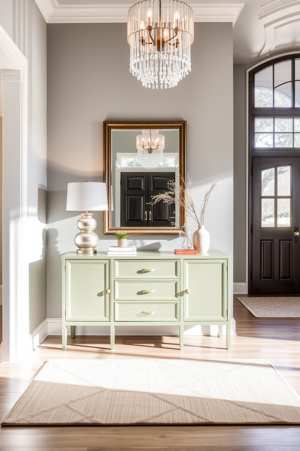 A sage green console table is positioned against a light gray wall, adorned with a collection of decorative items including a stylish lamp and a small potted plant. The floor is covered with a soft beige rug that adds warmth, while a large mirror above the table reflects natural light, enhancing the space. In the foyer, a statement chandelier hangs from the ceiling, casting a warm glow. The overall design features a harmonious blend of textures and colors, creating an inviting atmosphere that welcomes guests.