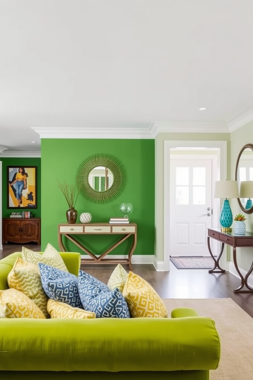 Bright green seating area with cushions. The space features a plush green sofa adorned with various patterned cushions in shades of yellow and blue. Green foyer design ideas. The foyer showcases a vibrant green accent wall, complemented by a stylish console table and a large round mirror above it.