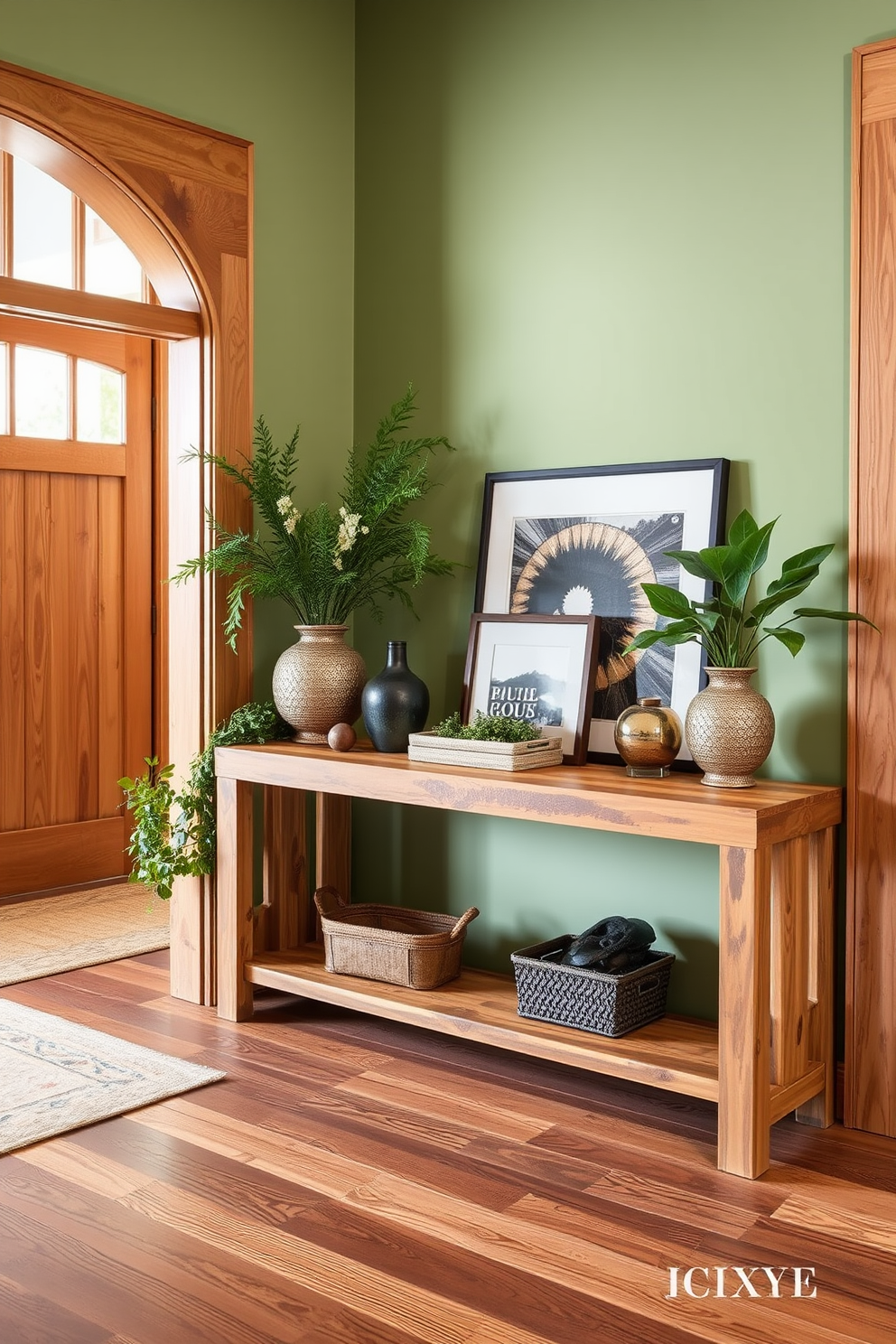 Natural wood tones create a warm and inviting atmosphere in the foyer. Incorporate green accents through plants and decorative elements to enhance the connection with nature. The walls can be painted in a soft green shade that complements the natural wood finishes. A stylish console table made of reclaimed wood can serve as a focal point, adorned with greenery and art pieces.