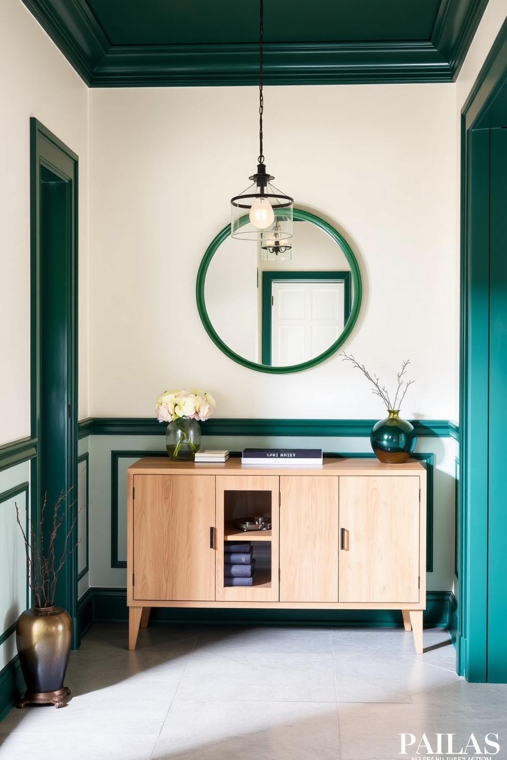 A tranquil foyer setting with a green and cream color palette. The walls are painted in a soft cream hue, while the trim and accents feature a rich forest green. A stylish console table in a natural wood finish stands against the wall. Above it, a large round mirror with a green frame reflects the light from a chic pendant lamp hanging above.