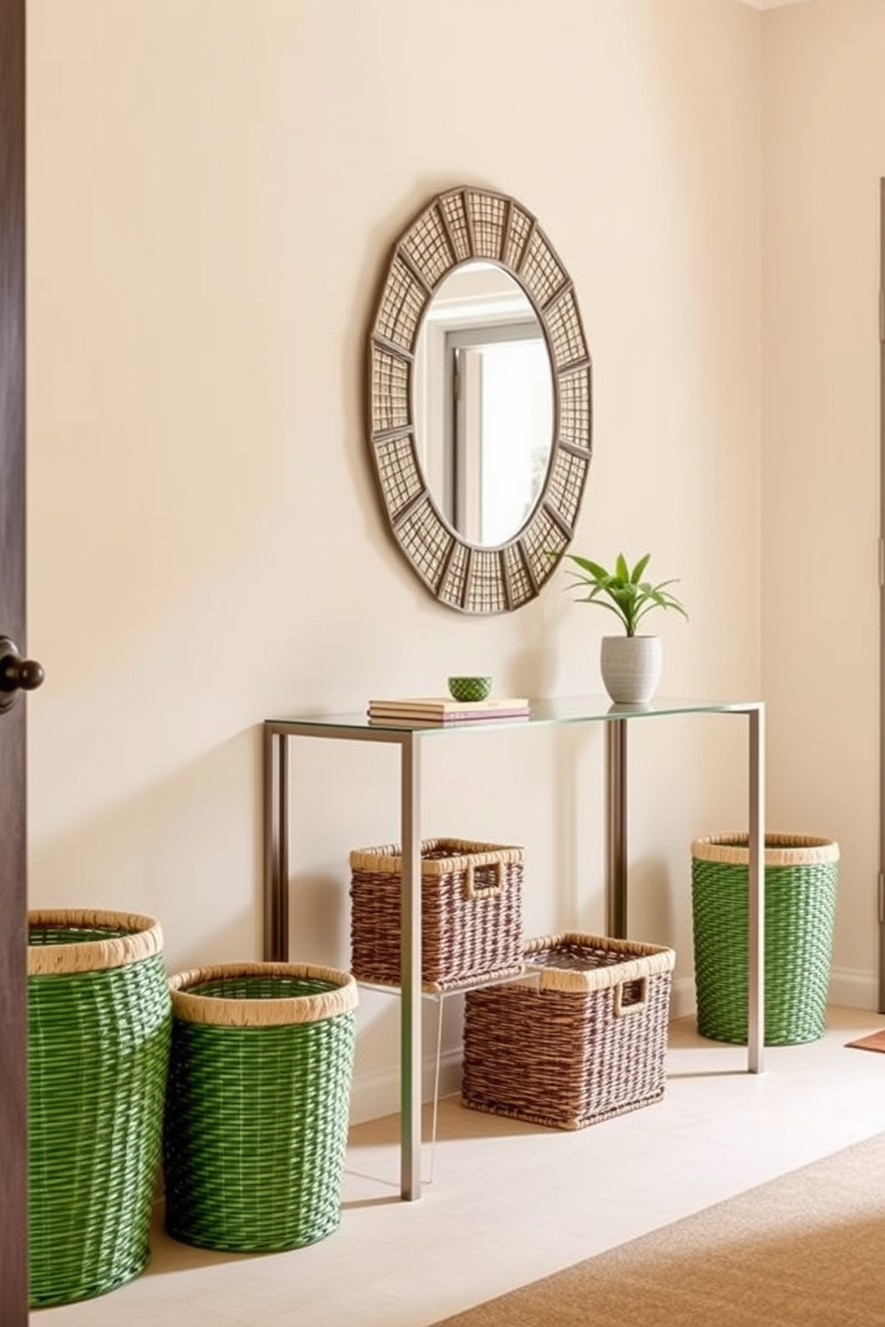 A stylish foyer featuring decorative green baskets for storage. The baskets are woven and placed strategically to complement the overall color scheme of the space. The walls are painted in a soft cream tone, creating a warm and inviting atmosphere. A sleek console table sits against the wall, adorned with a small potted plant and a decorative mirror above it.