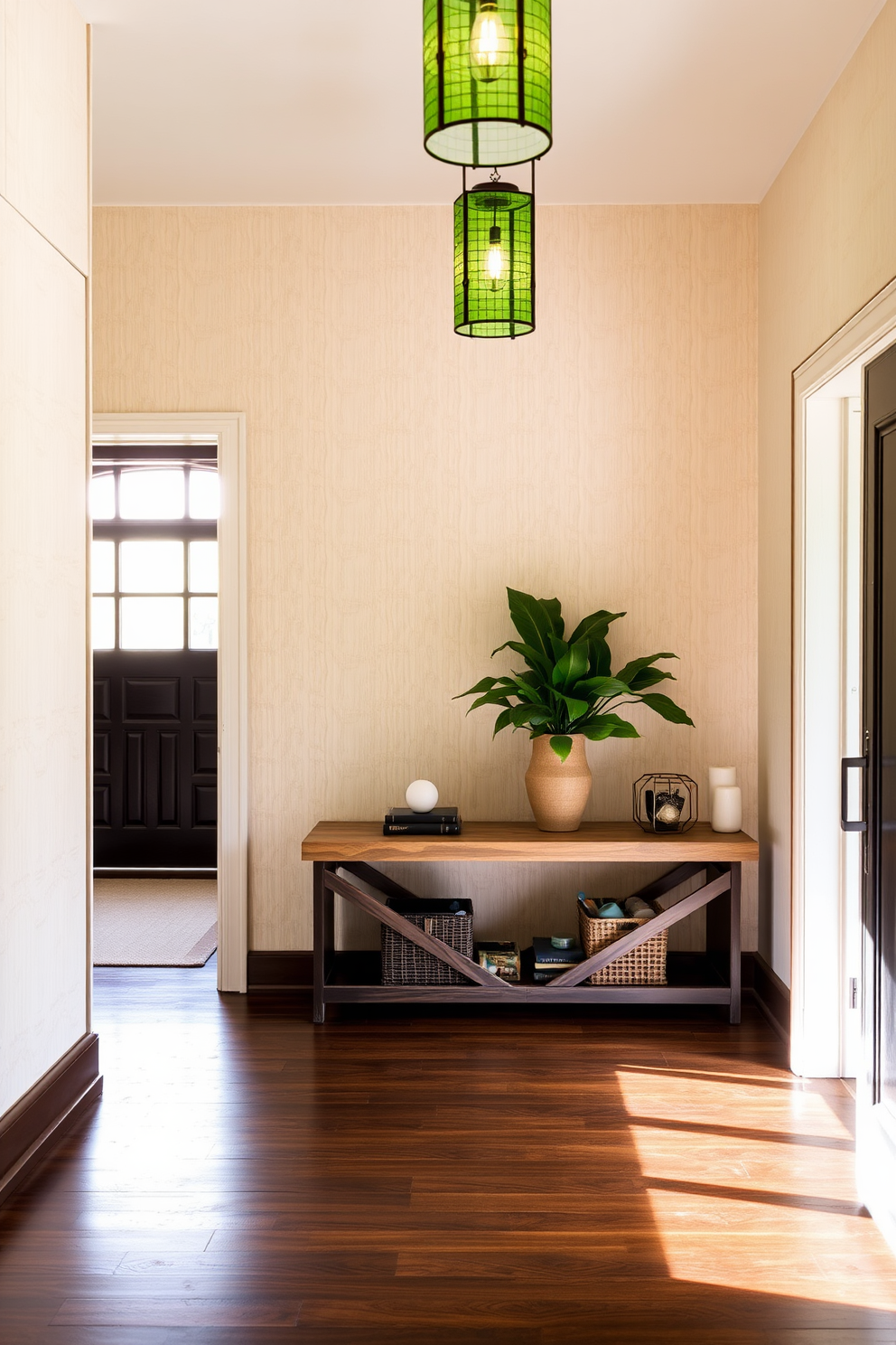 A serene foyer featuring green lanterns that provide soft ambient lighting. The walls are adorned with a subtle textured wallpaper in a light cream color, creating a warm and inviting atmosphere. The floor is covered with a rich dark hardwood that contrasts beautifully with the light walls. A stylish console table made of reclaimed wood sits against the wall, topped with decorative items and a lush green plant.