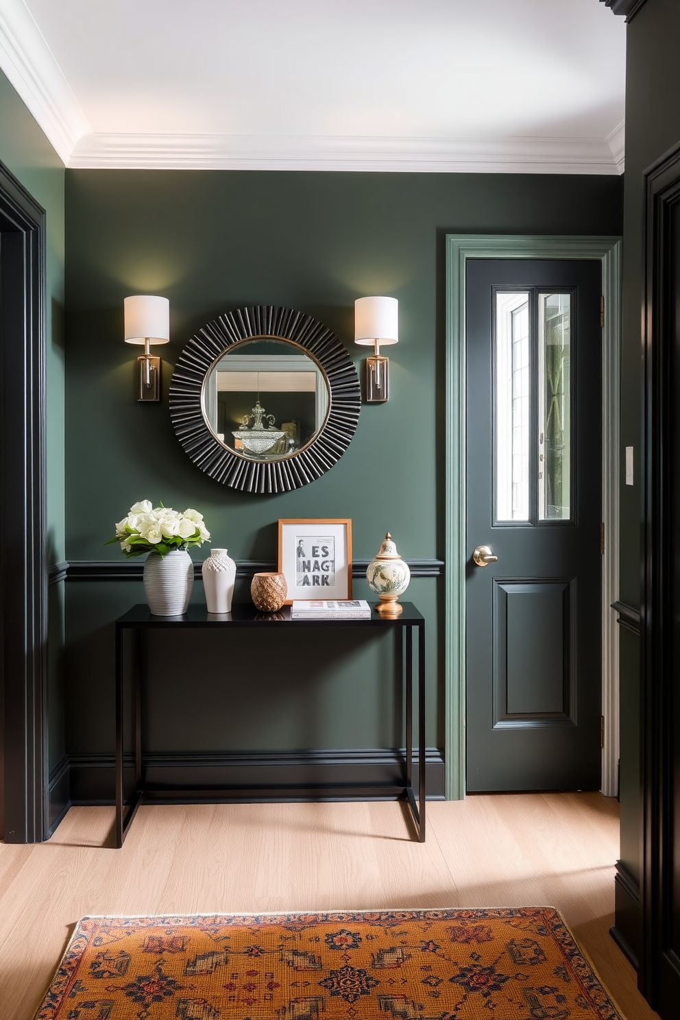 A cozy foyer featuring dark green paint that envelops the space in warmth and sophistication. The entryway is adorned with a sleek console table topped with decorative items and a stylish mirror that reflects the inviting atmosphere.