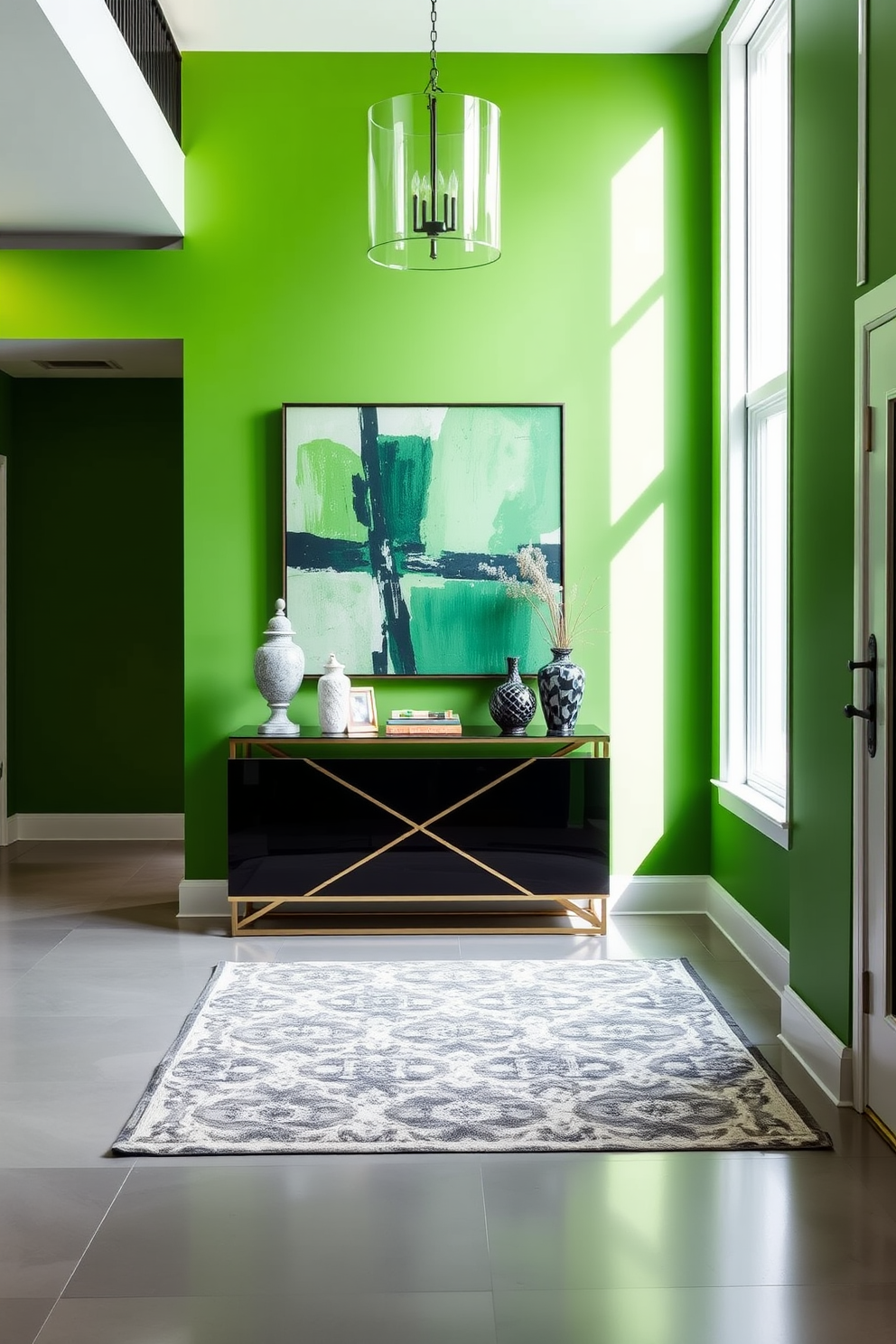 A bold green accent wall serves as a striking backdrop for a modern foyer. The space features an elegant console table adorned with decorative items and a large piece of abstract art that complements the green tones. Natural light floods the area through a large window, highlighting the sleek flooring. A stylish area rug adds warmth and texture, creating an inviting atmosphere for guests.