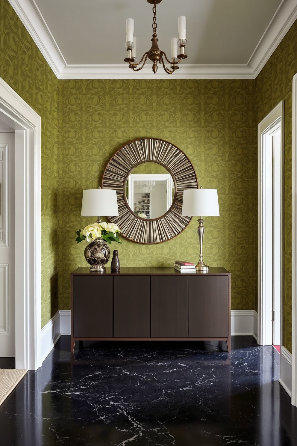 A stunning foyer featuring olive green patterned wallpaper that adds a touch of elegance. The space includes a sleek console table with a decorative mirror above it, creating a welcoming atmosphere.