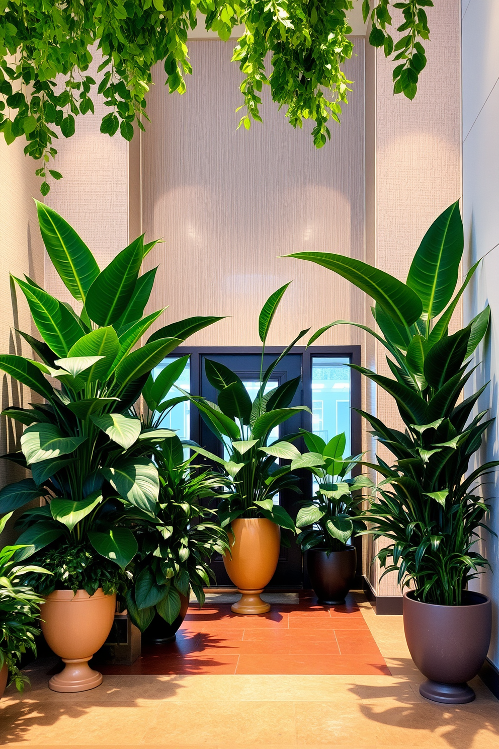 Lush indoor plants create a vibrant atmosphere filled with life and freshness. Large leafy greens are strategically placed in elegant pots, adding a pop of color to the space. The foyer features a stunning arrangement of natural elements that welcomes guests with warmth. A combination of textured wall coverings and soft lighting enhances the beauty of the indoor plants, making the entrance feel inviting and serene.