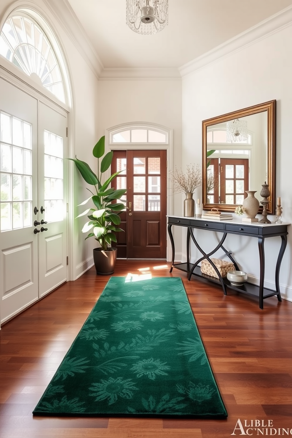 A stunning foyer featuring an emerald green runner rug that adds a touch of elegance to the space. The walls are painted in a soft white, and a stylish console table sits against one side, adorned with decorative items and a large mirror above it. Natural light pours in through a grand window, illuminating the rich textures of the rug and the polished hardwood floor. A potted plant in the corner brings a refreshing pop of color, enhancing the inviting atmosphere of this beautiful entryway.