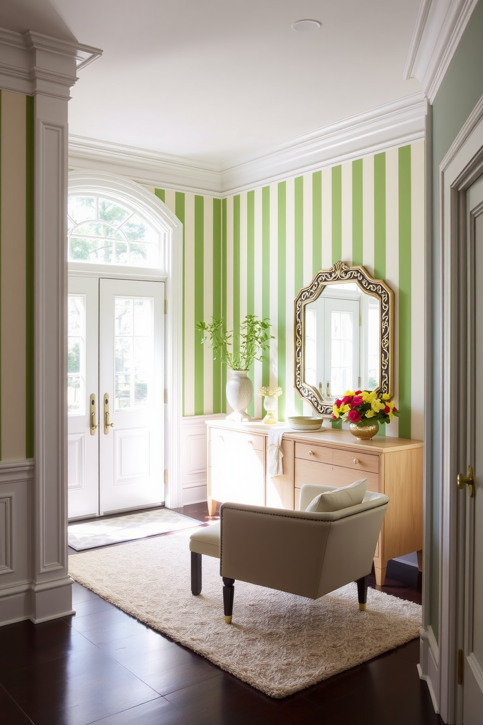 A bright and inviting foyer featuring green and white striped wallpaper that adds a fresh and lively touch to the space. The entrance is adorned with a stylish console table made of light wood, topped with a decorative mirror and a vibrant arrangement of flowers. Soft natural light floods the area through a large window, illuminating the elegant white trim and molding that frames the room. A plush area rug in neutral tones lies beneath a chic seating arrangement, creating a welcoming atmosphere for guests.