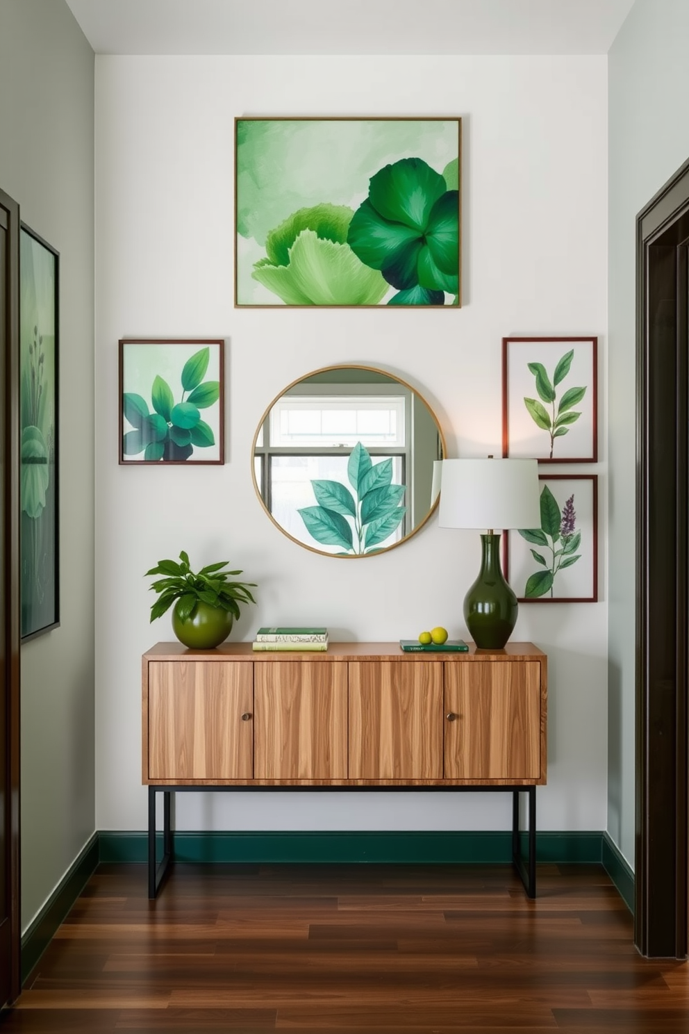 Artistic green wall art pieces create a vibrant focal point in the foyer. The walls are adorned with various shades of green, showcasing abstract paintings and botanical prints that bring life to the space. The foyer features a sleek console table made of natural wood, paired with a stylish round mirror above it. Soft lighting illuminates the area, enhancing the beauty of the wall art and creating an inviting atmosphere.