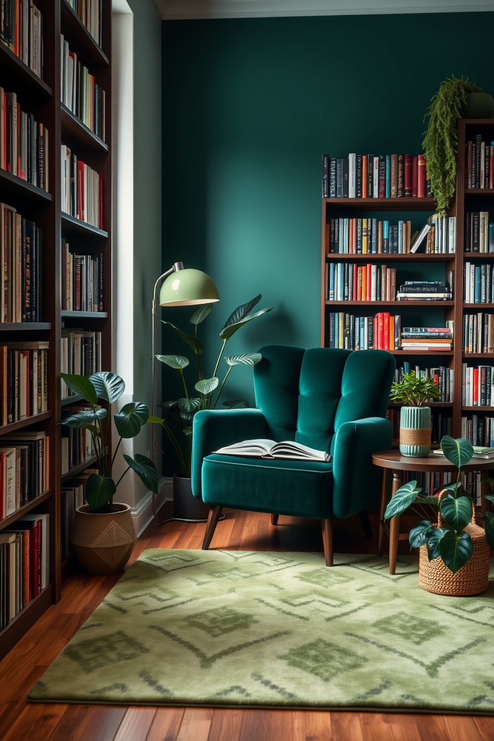 Cozy reading nook with green accents. A plush armchair in deep emerald sits in the corner, surrounded by leafy plants and a small side table. Green home library design ideas. Shelves filled with books line the walls, and a soft green rug anchors the space, inviting relaxation and inspiration.