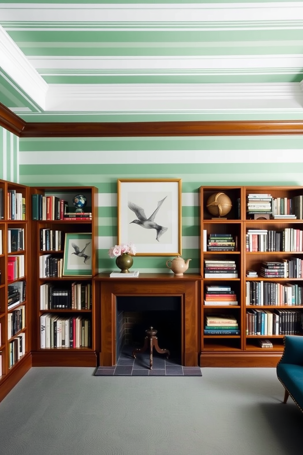 A cozy home library featuring green and white striped wallpaper that adds a fresh touch to the space. The room is filled with floor-to-ceiling bookshelves made of rich wood, showcasing a curated collection of books and decorative items.