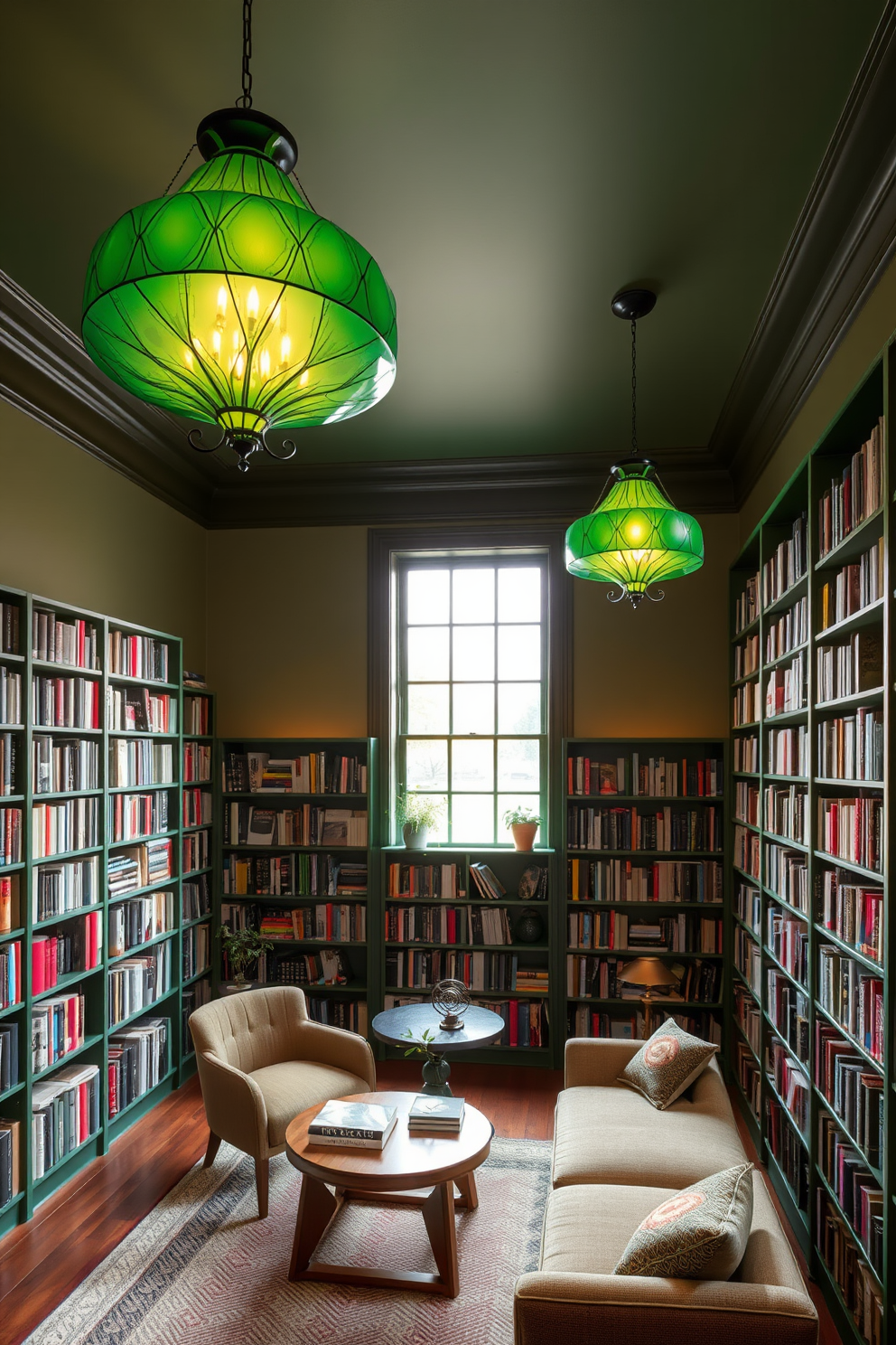 Artistic green light fixtures create a warm and inviting ambiance throughout the space. The fixtures are elegantly designed, casting soft light that enhances the room's natural beauty. The green home library features floor-to-ceiling bookshelves filled with a diverse collection of books. A cozy reading nook with plush seating and a small coffee table invites relaxation and enjoyment of literature.