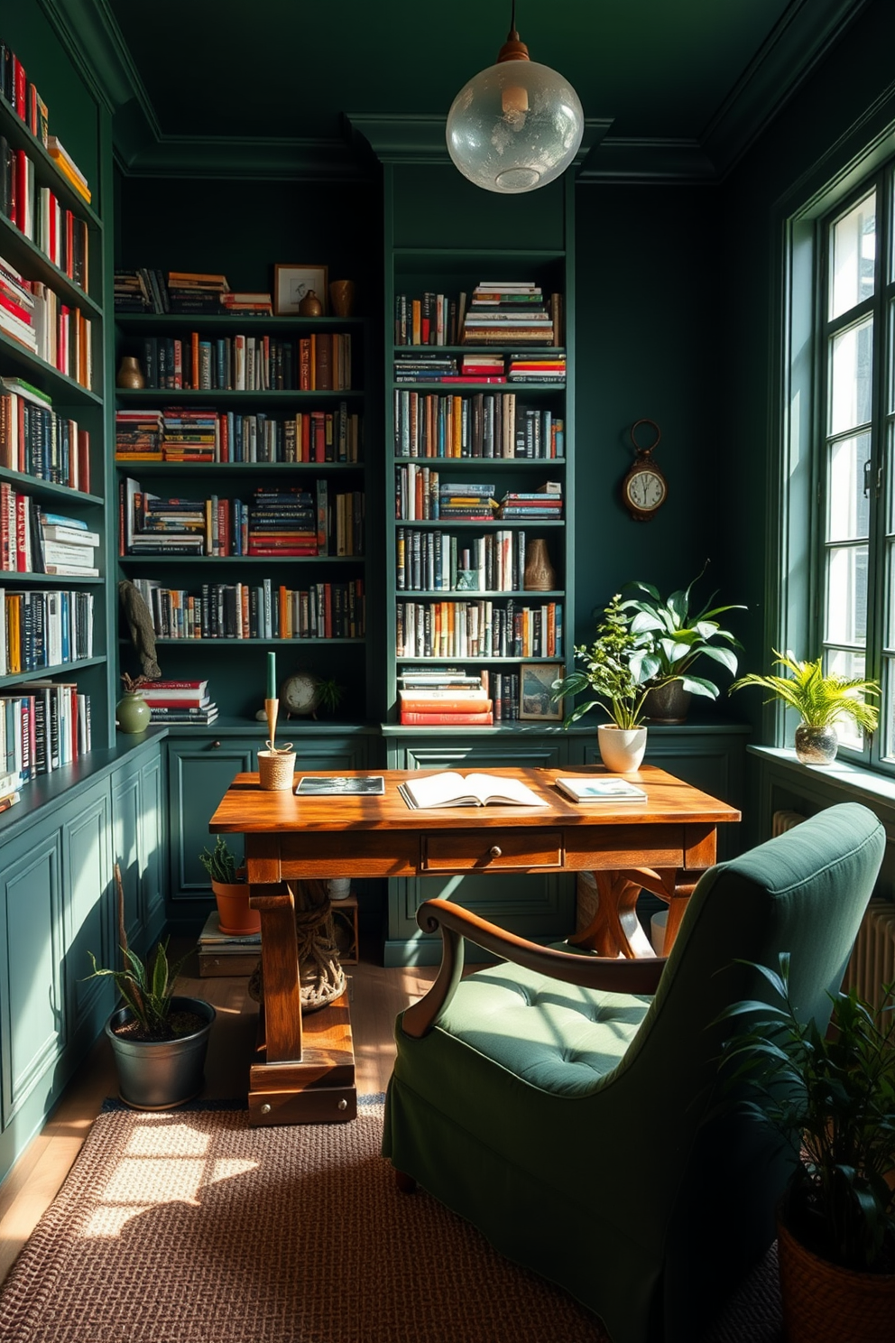 A rustic wooden desk is positioned against a backdrop of deep green walls adorned with bookshelves filled with an array of books and decorative items. A comfortable armchair with green upholstery complements the desk, creating a cozy reading nook. Natural light streams in through a large window, illuminating a woven rug that adds warmth to the space. Potted plants are strategically placed around the room, enhancing the green accents and promoting a serene atmosphere.