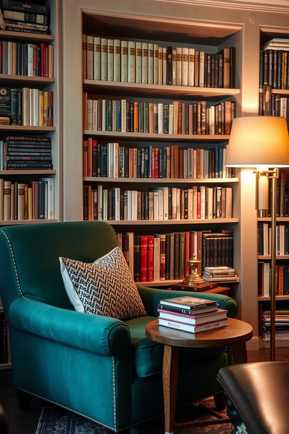 A comfortable armchair in emerald green sits invitingly in a cozy home library. The armchair is paired with a wooden side table, adorned with a stack of classic novels and a warm lamp, creating an ideal reading nook. Surrounding the armchair, bookshelves filled with an eclectic mix of books and decorative items add character to the space. Soft, ambient lighting from a nearby floor lamp enhances the inviting atmosphere, making it a perfect retreat for relaxation and inspiration.