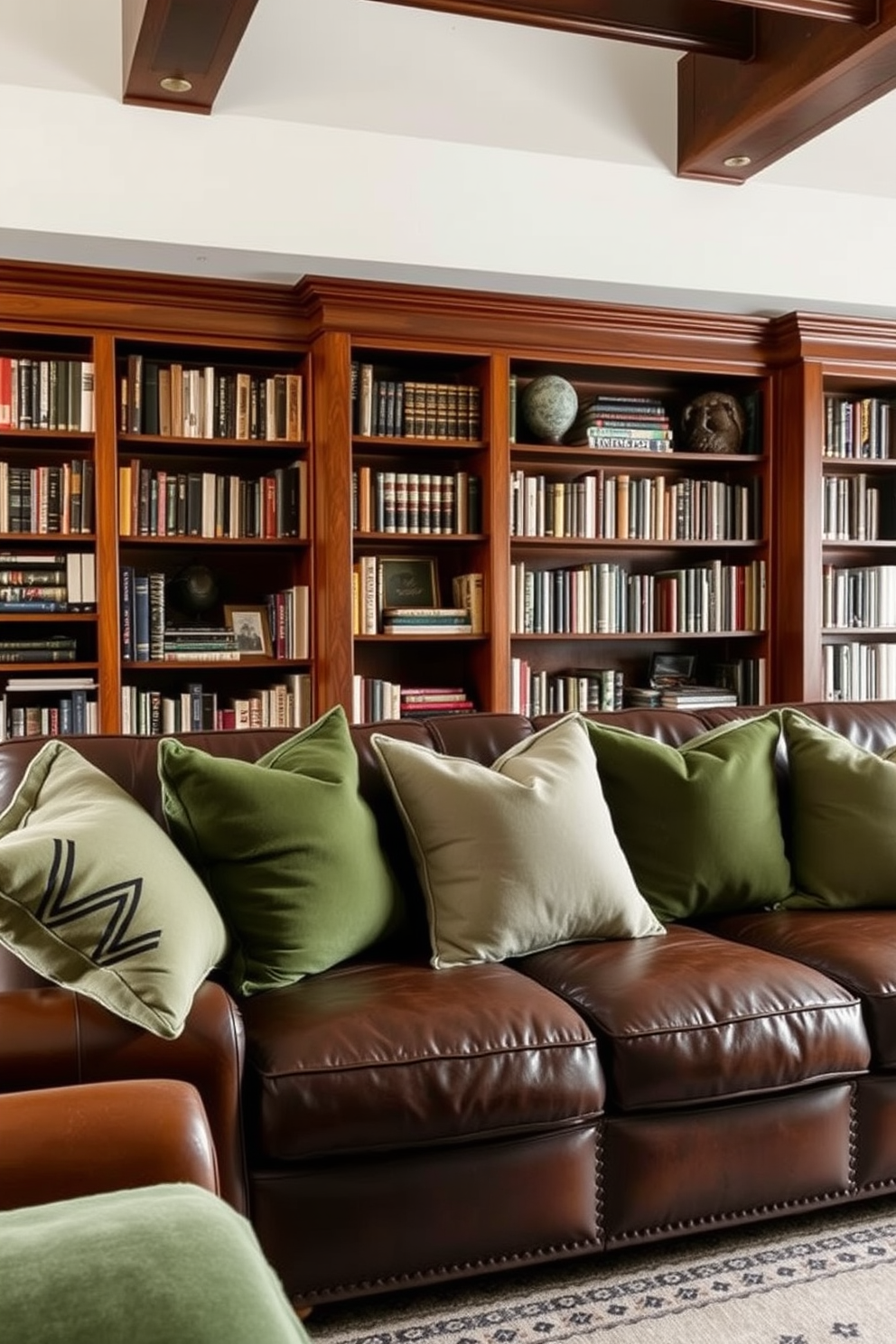 Layered textures create a cozy atmosphere in a green home library. Plush green cushions are scattered across a deep brown leather sofa, inviting relaxation and comfort. Rich wooden bookshelves line the walls, filled with an eclectic mix of books and decorative items. A soft area rug with subtle patterns anchors the space, adding warmth and depth to the design.