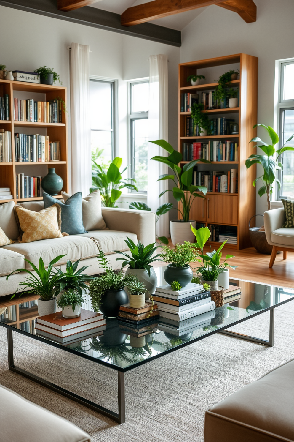 A modern living room featuring a sleek glass coffee table adorned with various green elements such as potted plants and decorative books. The surrounding space is filled with natural light, highlighting the lush greenery and creating a vibrant atmosphere. A cozy home library designed with a focus on sustainability and comfort. Shelves lined with books in natural wood finishes complement the green accents, while a comfortable reading nook invites relaxation and inspiration.