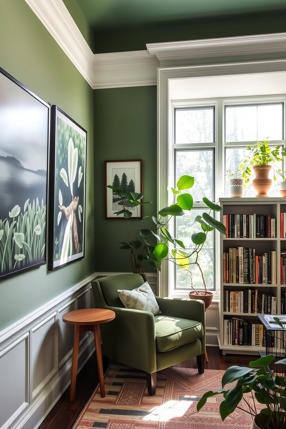 A serene home library filled with natural light. The walls are adorned with various shades of green, featuring artwork that reflects nature and tranquility. A cozy reading nook is created with a plush green armchair and a small wooden side table. Shelves lined with books and decorative plants enhance the calming atmosphere of the space.