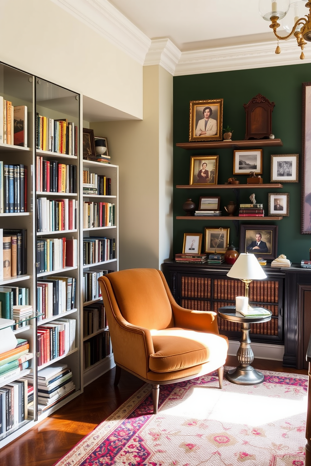 A cozy home library that blends modern and vintage styles. The room features a sleek glass bookshelf filled with books alongside antique wooden shelves adorned with decorative items. A plush velvet reading chair is positioned in a sunlit corner, complemented by a vintage side table. The walls are painted a soft cream, and a rich green accent wall showcases framed art and photographs.