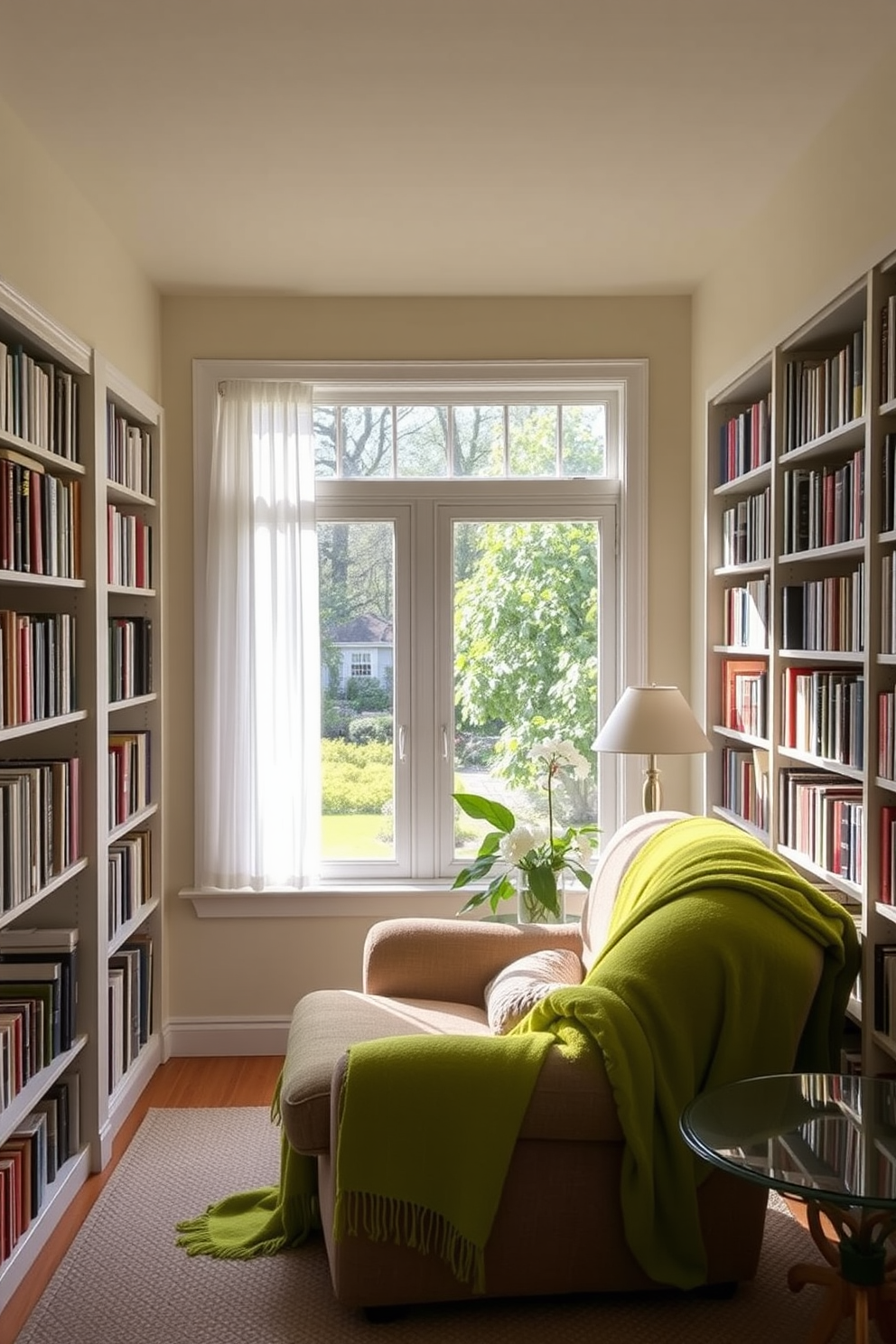 A cozy home library filled with natural light. The walls are painted in a soft cream color, and the shelves are lined with an array of books. Bright green throw blankets are draped over a plush, oversized armchair. A large window with sheer curtains offers a view of a lush garden outside.