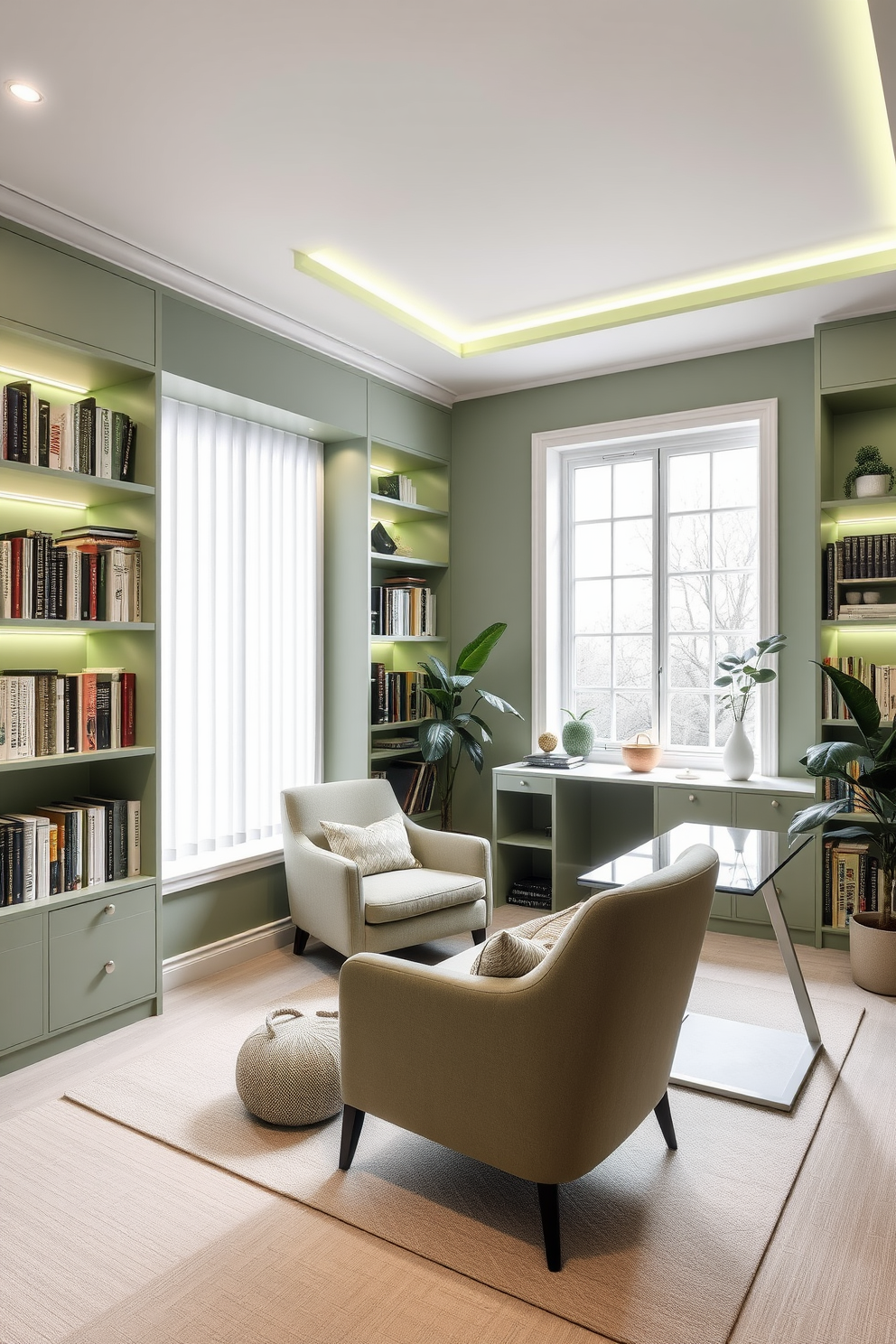 A cozy home library featuring integrated reading lights in soothing green tones. The shelves are lined with books, and a comfortable armchair is positioned near a large window that lets in natural light. The walls are painted in a soft green hue, creating a tranquil atmosphere. A sleek, modern desk sits in one corner, complemented by stylish decor and plants that enhance the green theme.