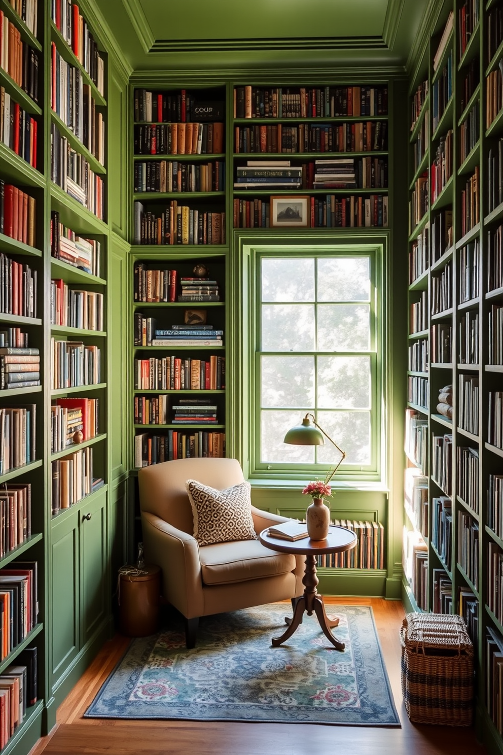 A serene green home library featuring floor to ceiling bookcases filled with an array of books and decorative items. A cozy reading nook is created with a plush armchair and a small side table, bathed in natural light from a nearby window.